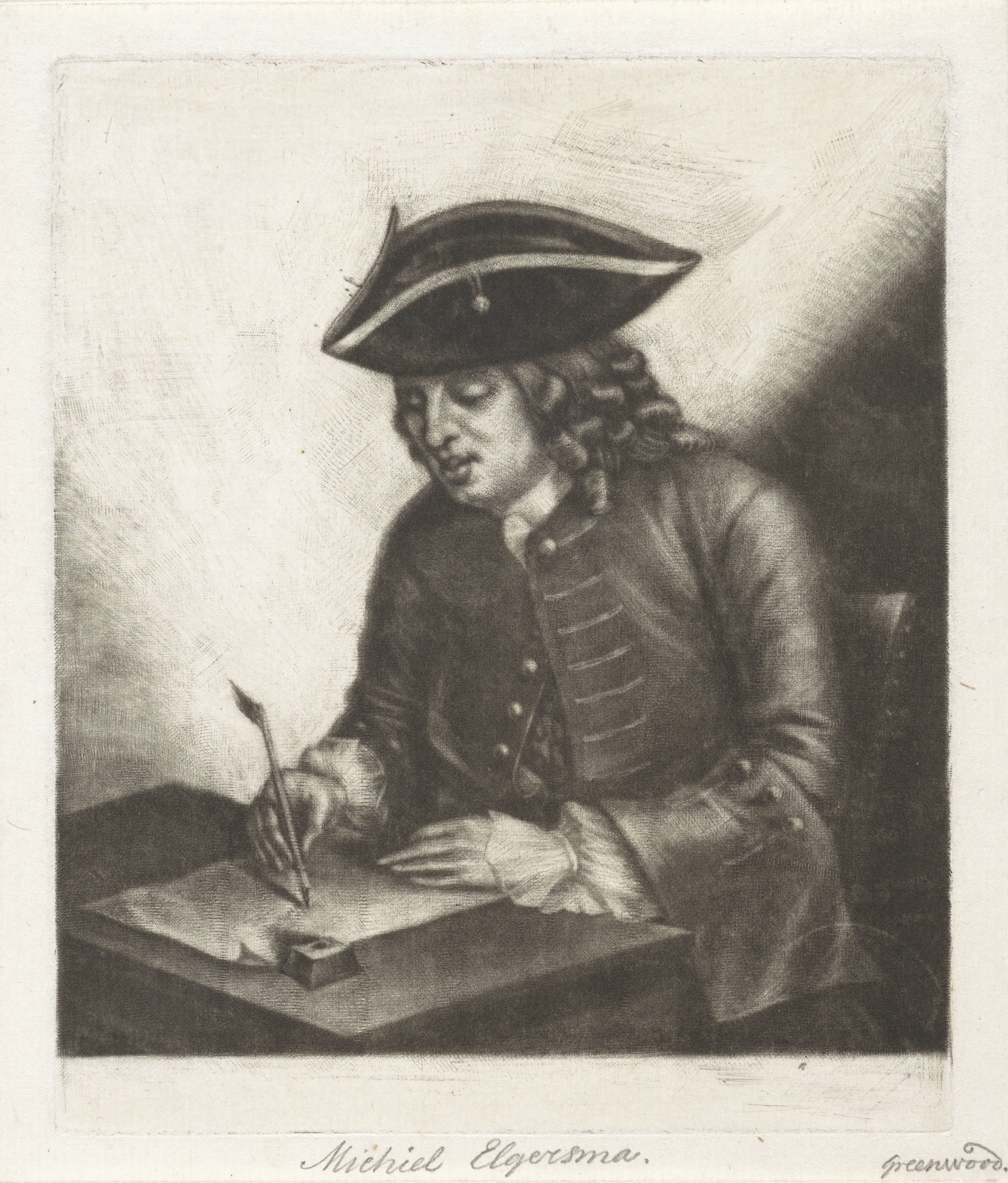 Portret van een schrijvende man aan een bureau, mogelijk Pieter Louw