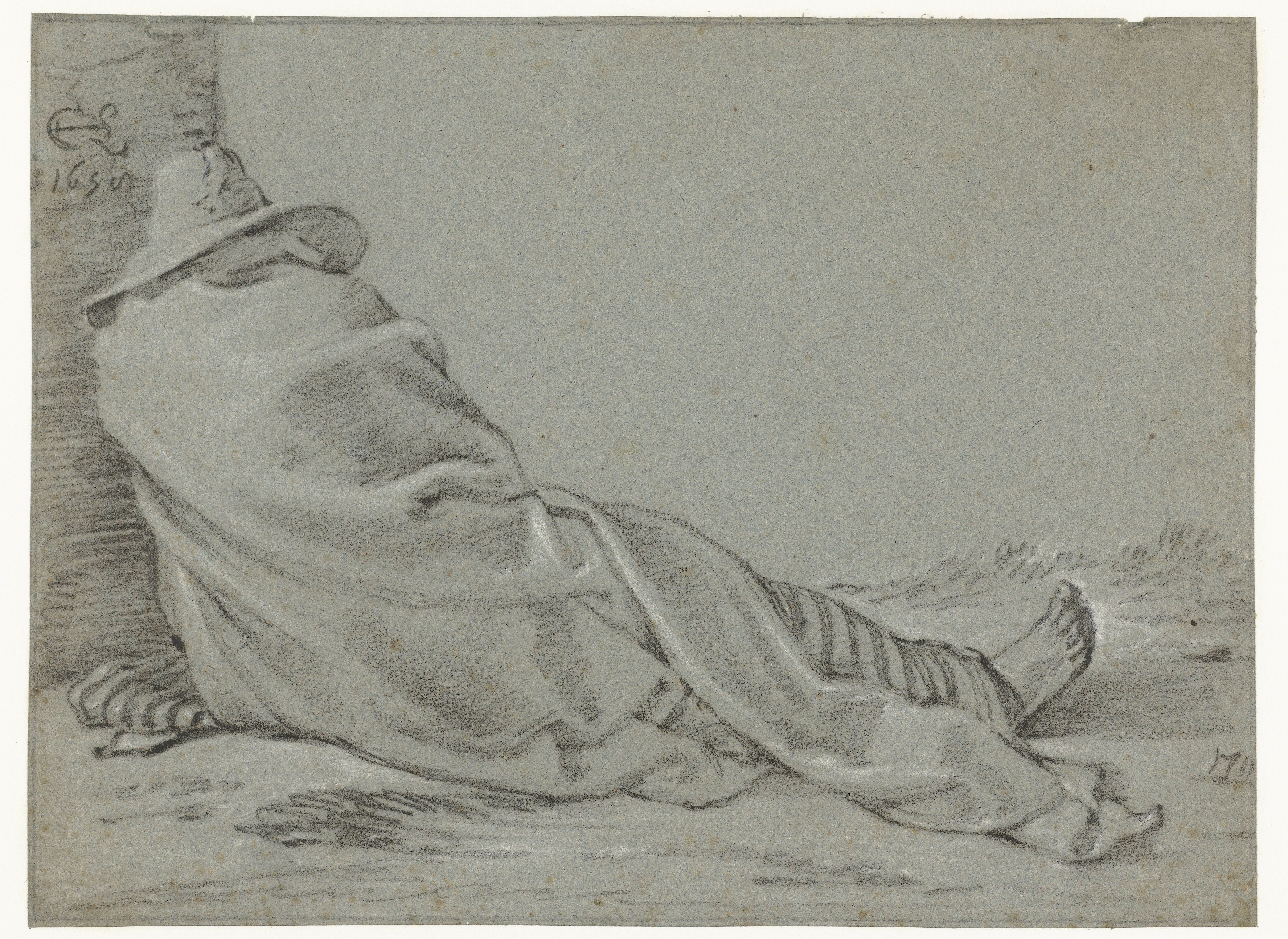 Sleeping Man Leaning against a Wall, Wrapped in a Blanket