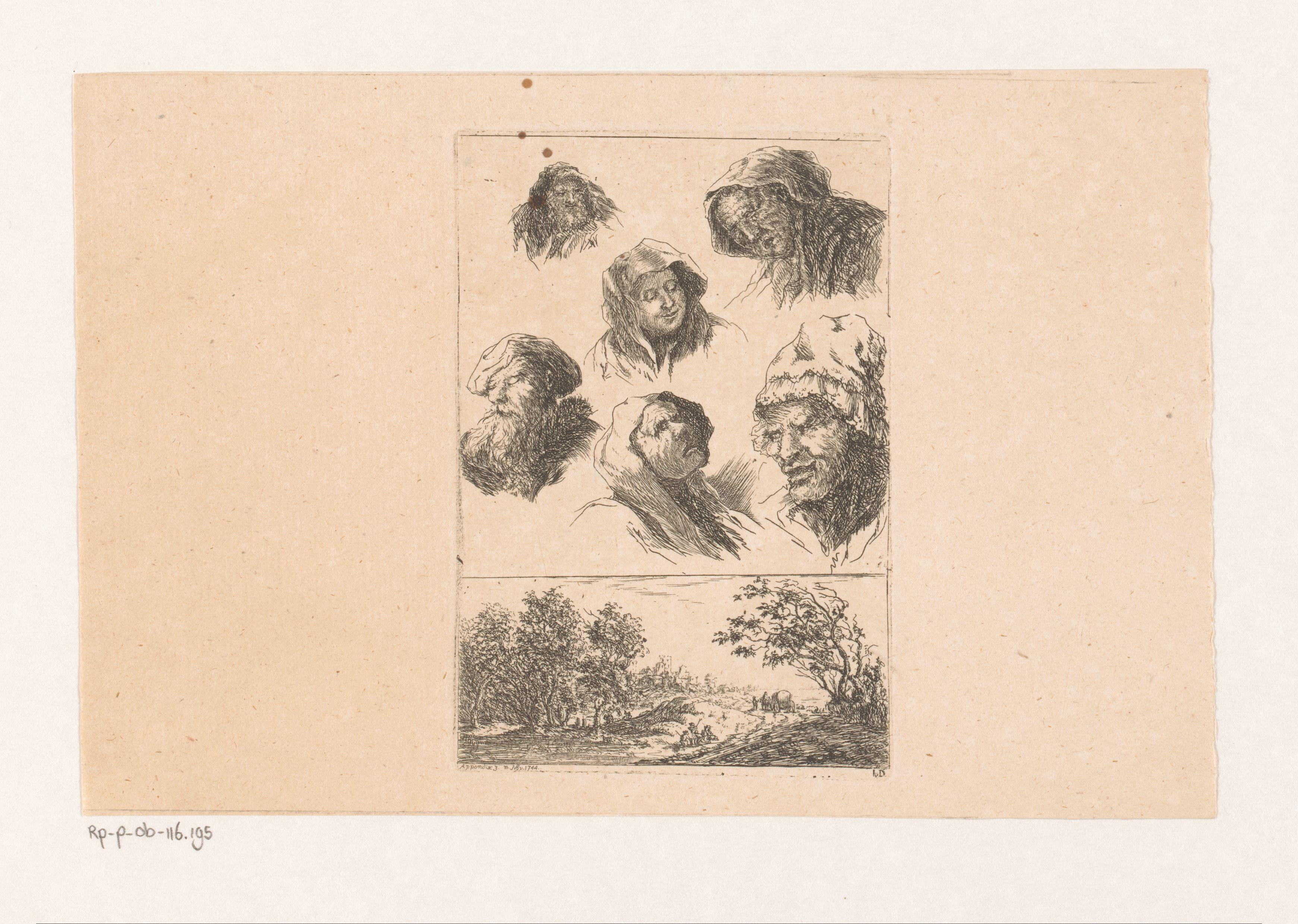 Zes mannen- en vrouwenkoppen en een landschap met dorp in de verte