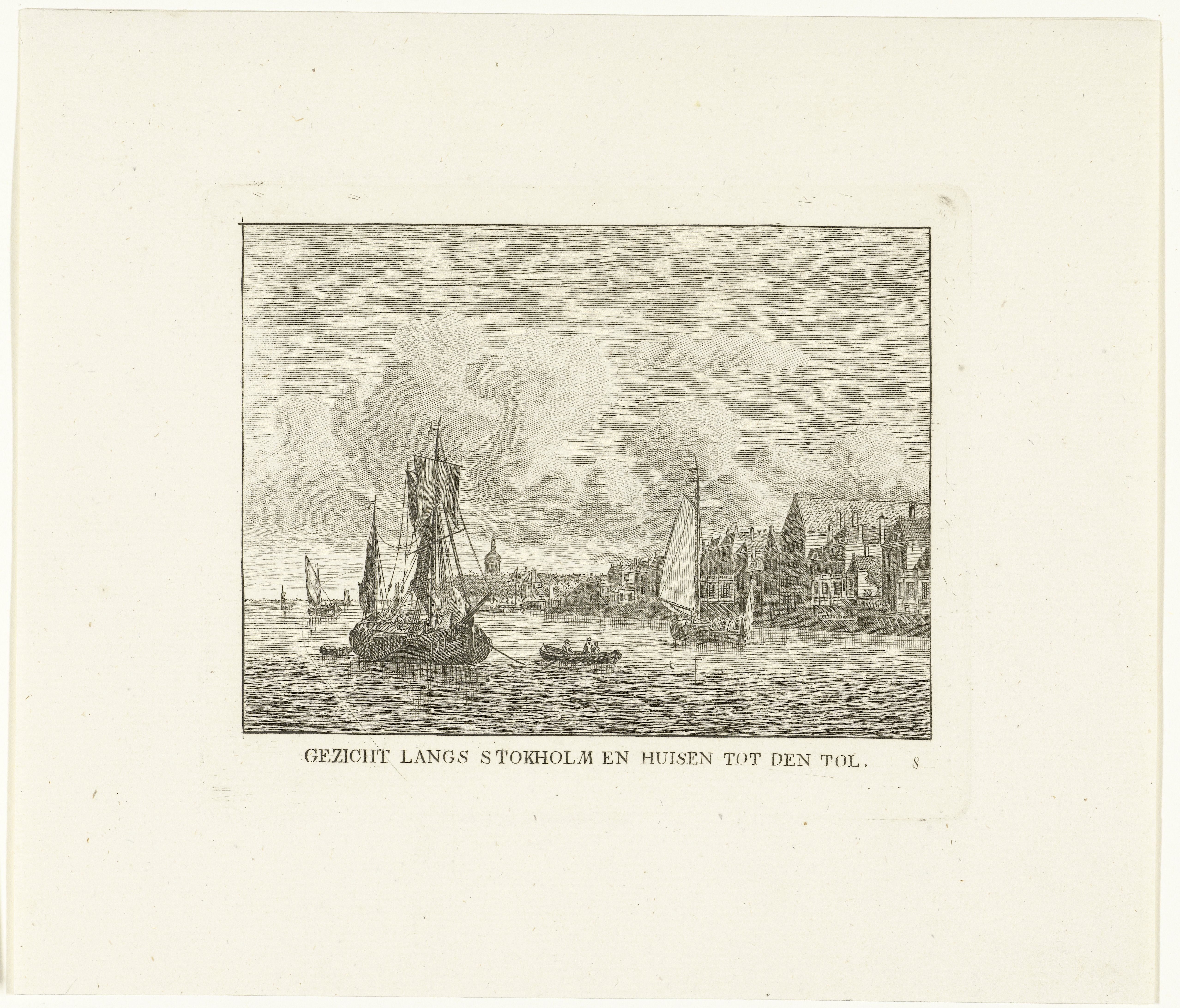 Gezicht over Merwede langs kade met huizen en Tol te Dordrecht