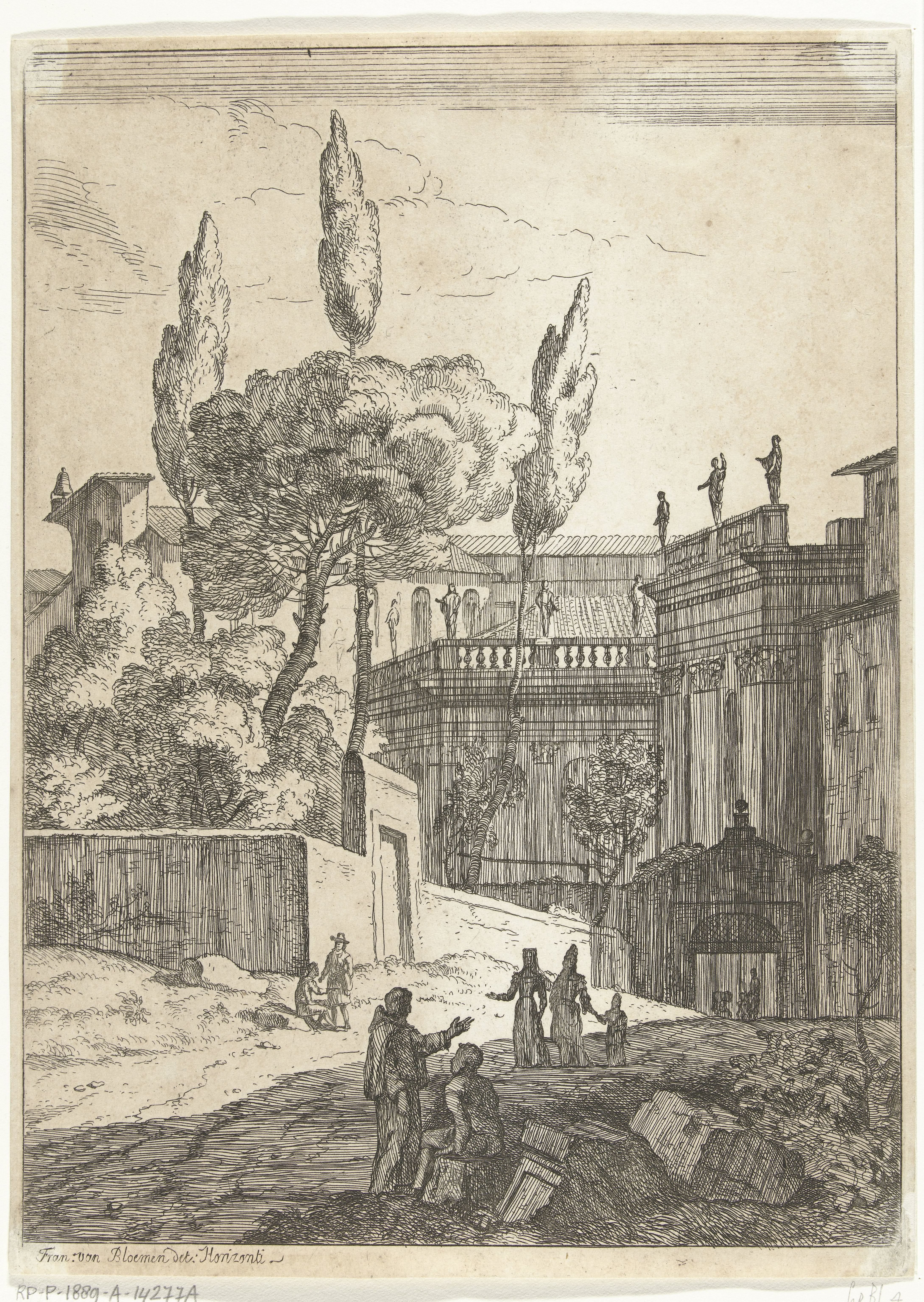 Italianiserend landschap met antieke gebouwen en figuren
