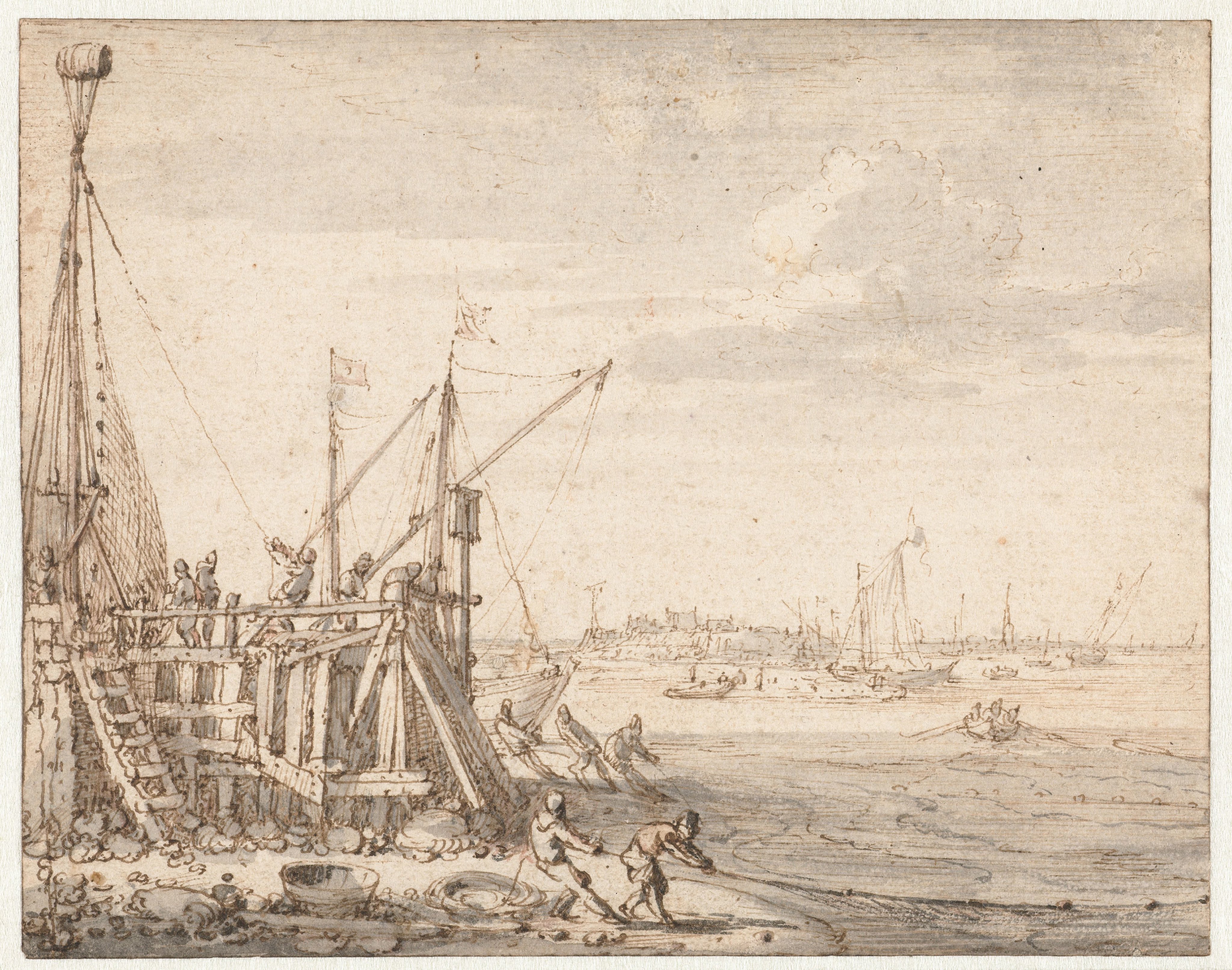 Havenhoofd met vissers die hun netten binnenhalen
