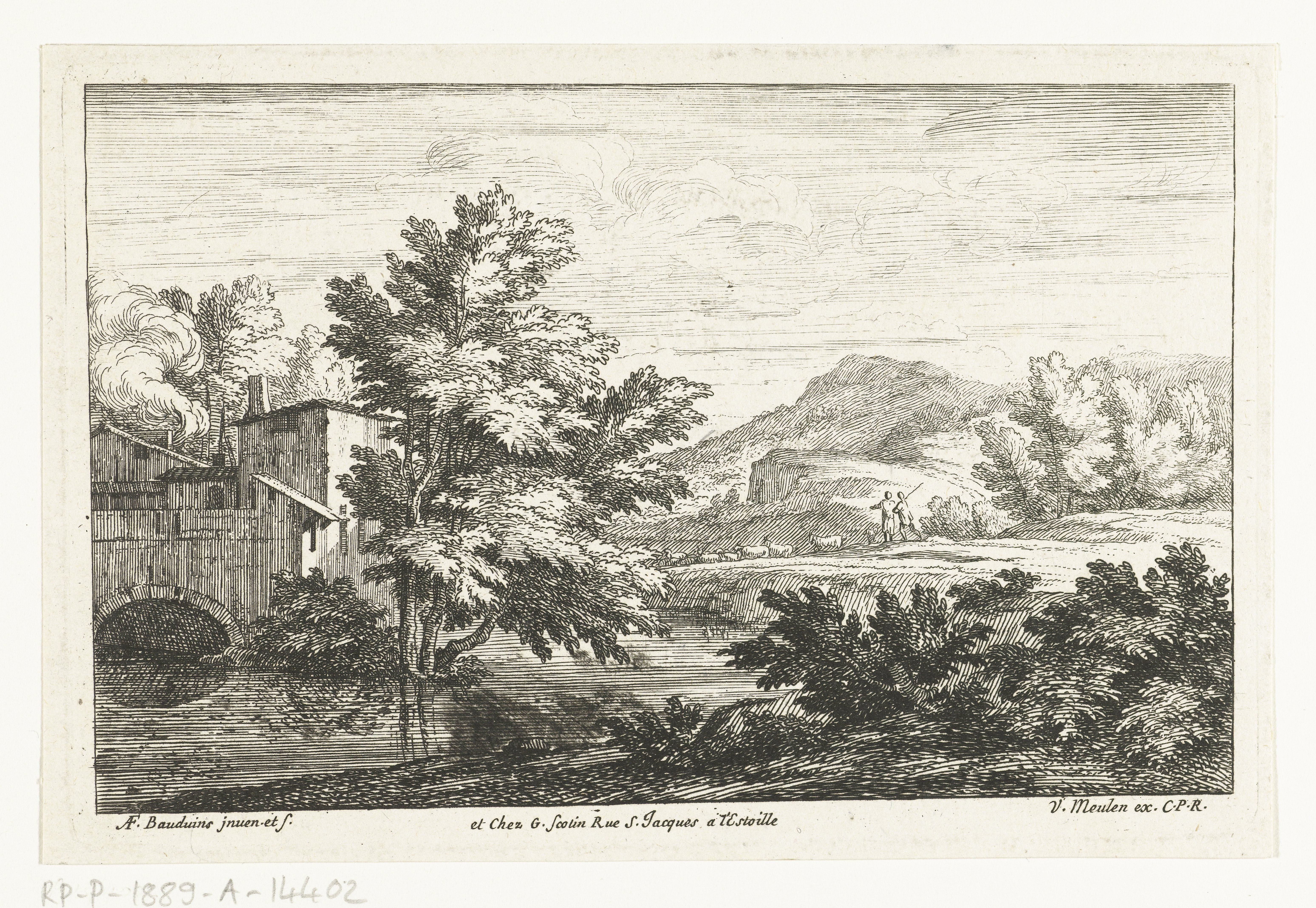 Landschap met schaapherders bij een watermolen