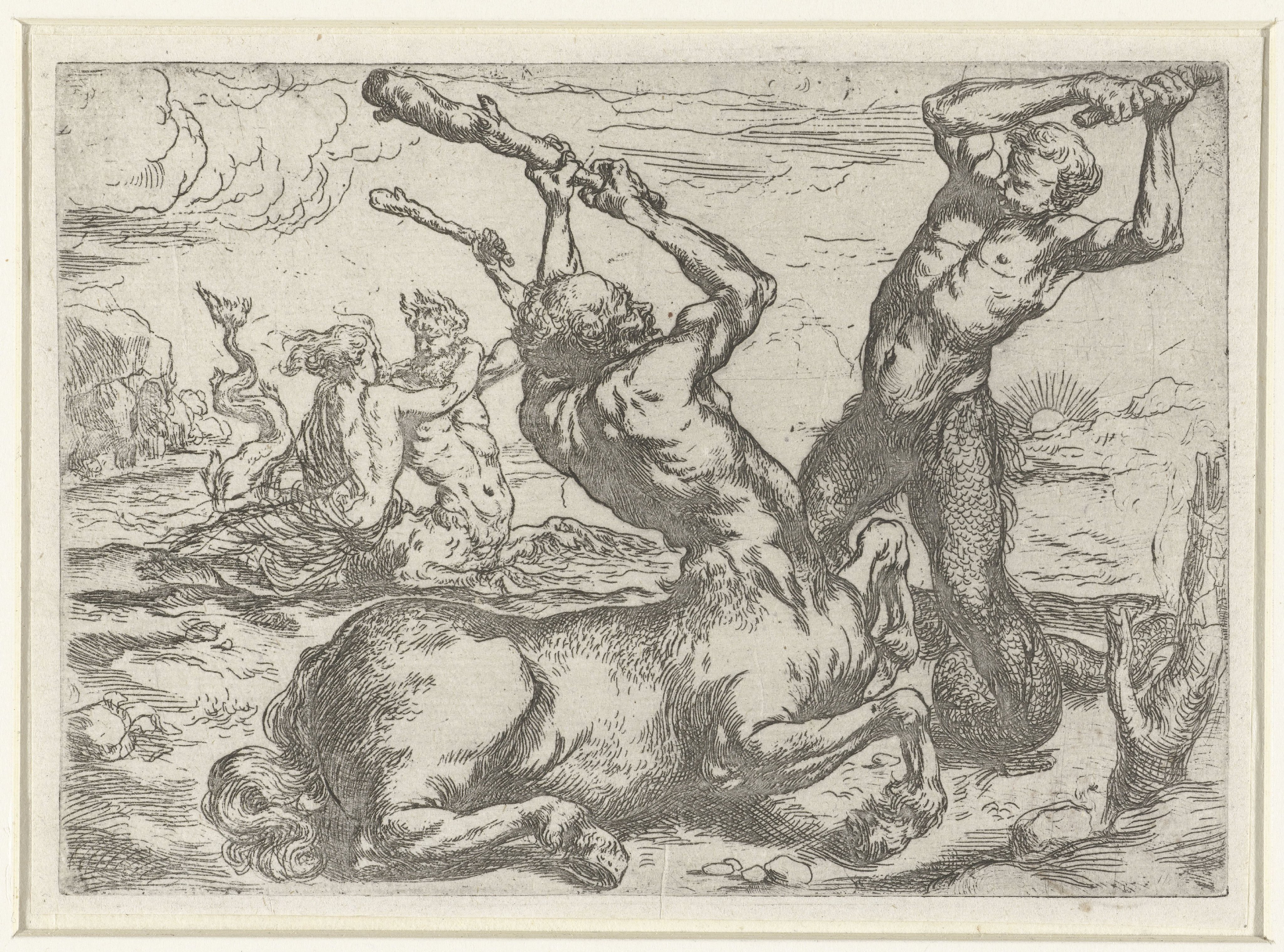 Gevecht tussen een centaur en een triton
