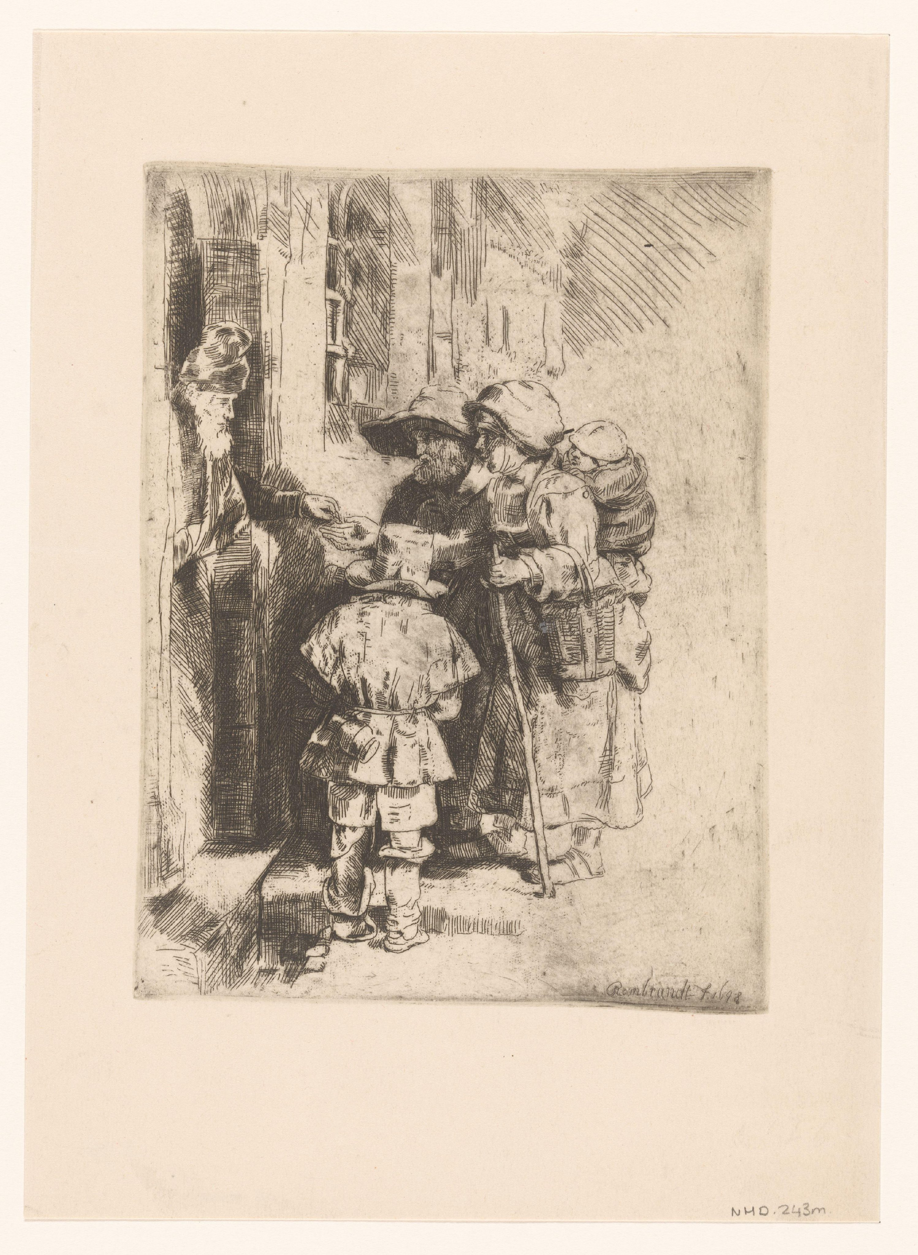 A blind hurdy-gurdy player and family receiving alms