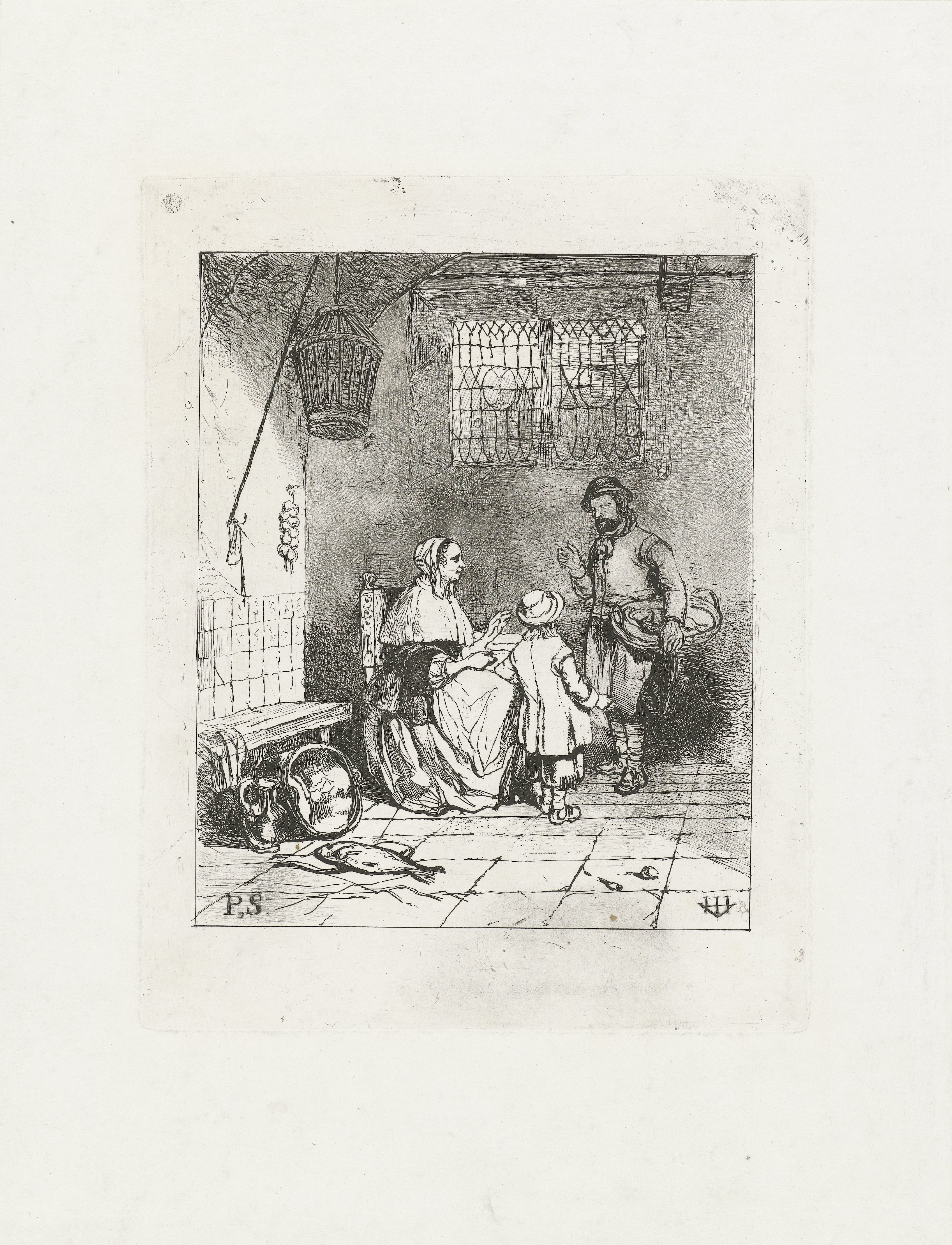 Drie figuren in een keukeninterieur