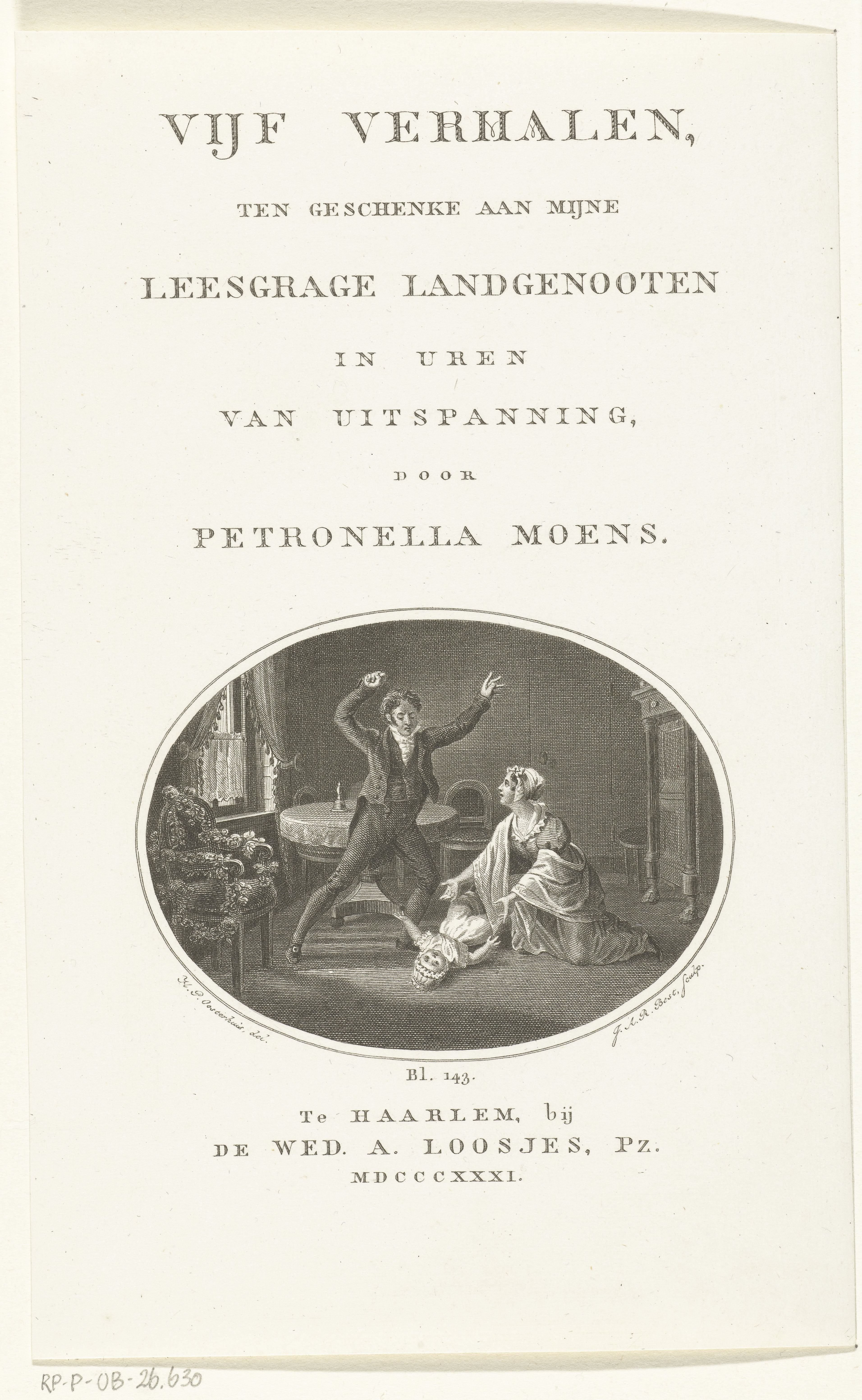 Interieur met vader en moeder bij gevallen kind, met titel