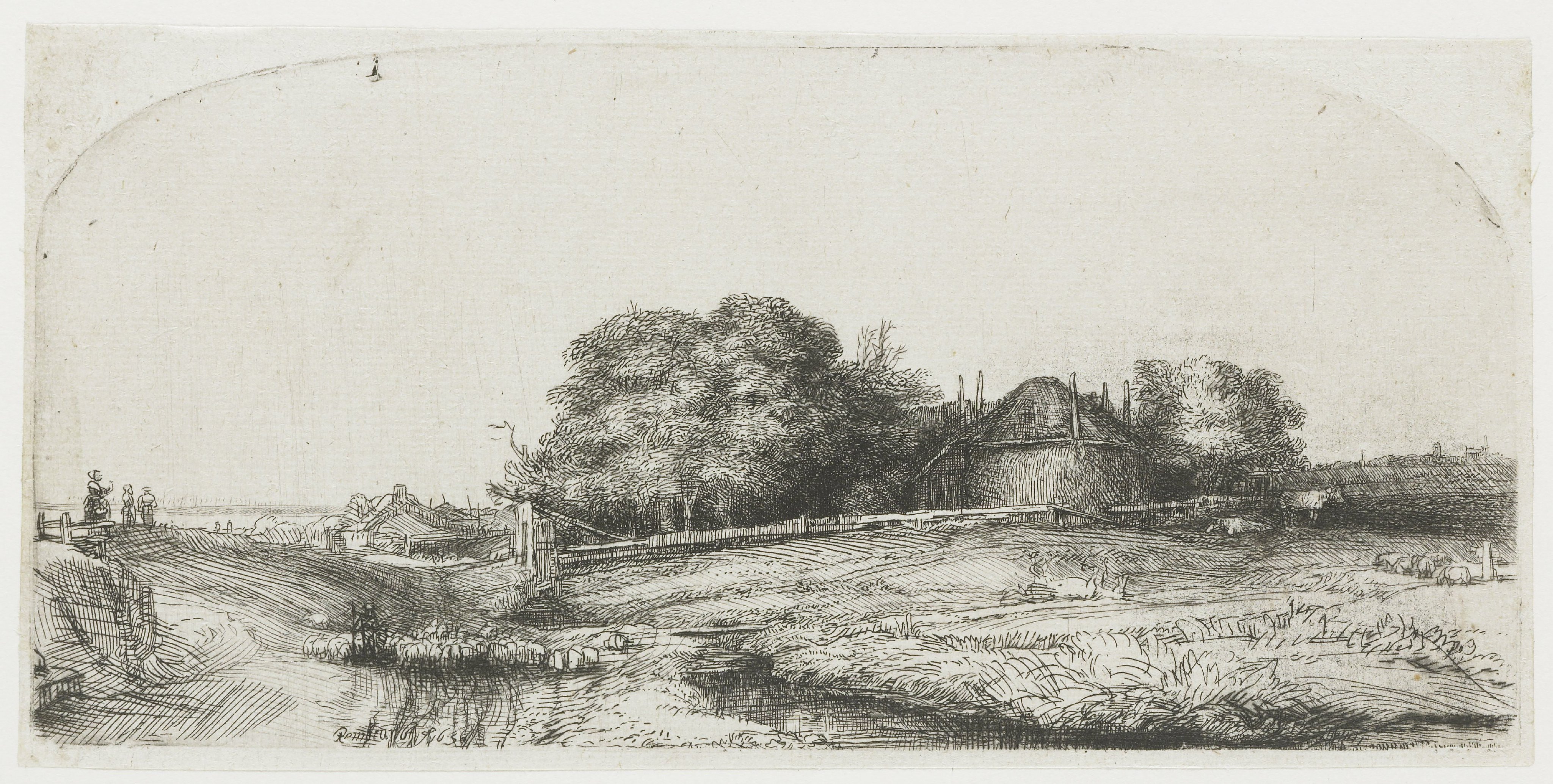 Cottages and a hay barn on the Diemerdijk with a flock of sheep