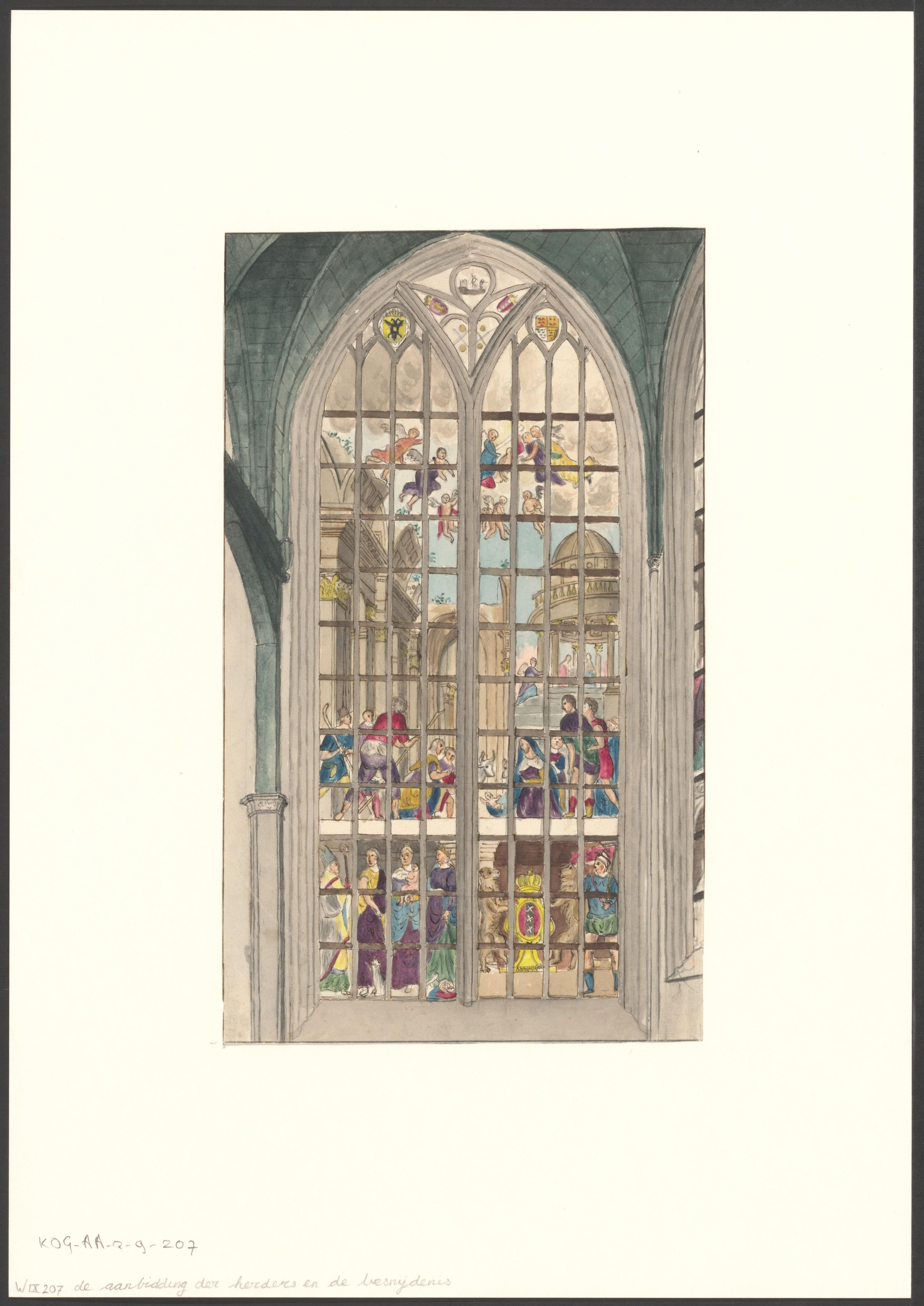 Interieur van de Oude Kerk met raam met de voorstelling van de aanbidding der herders