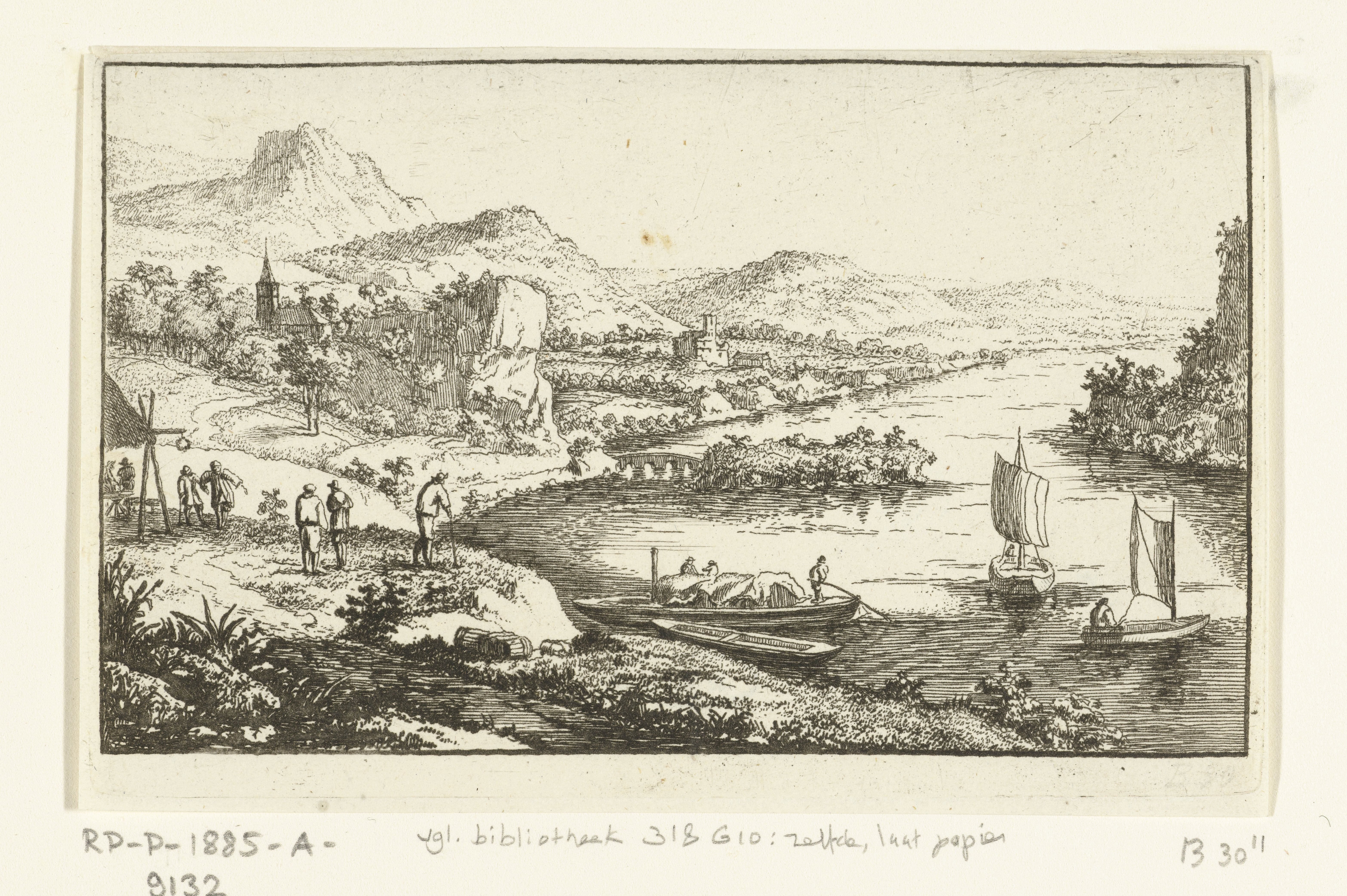 Rivierlandschap met brug en eiland