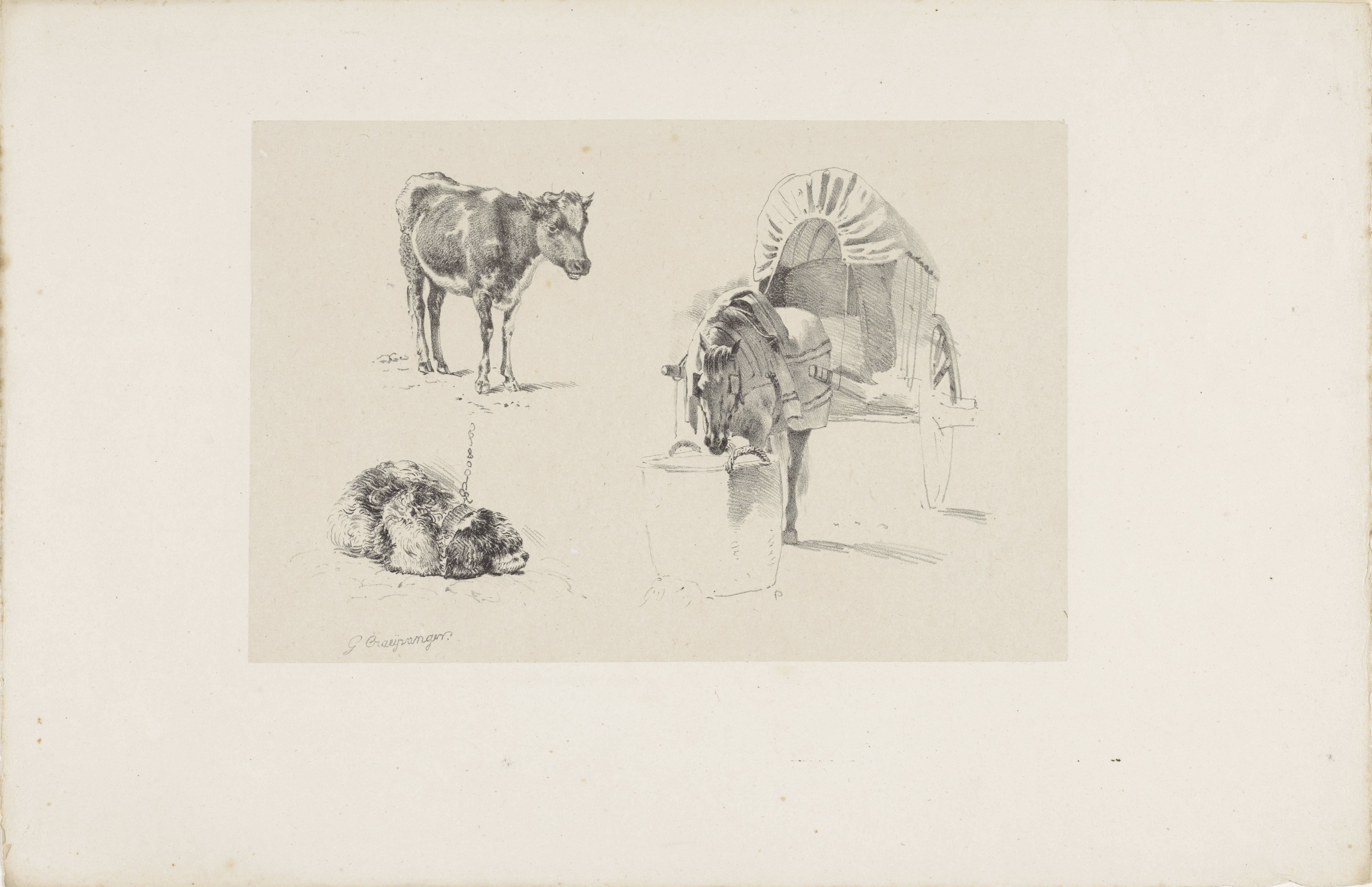 Een kalf, hond en paard met wagen