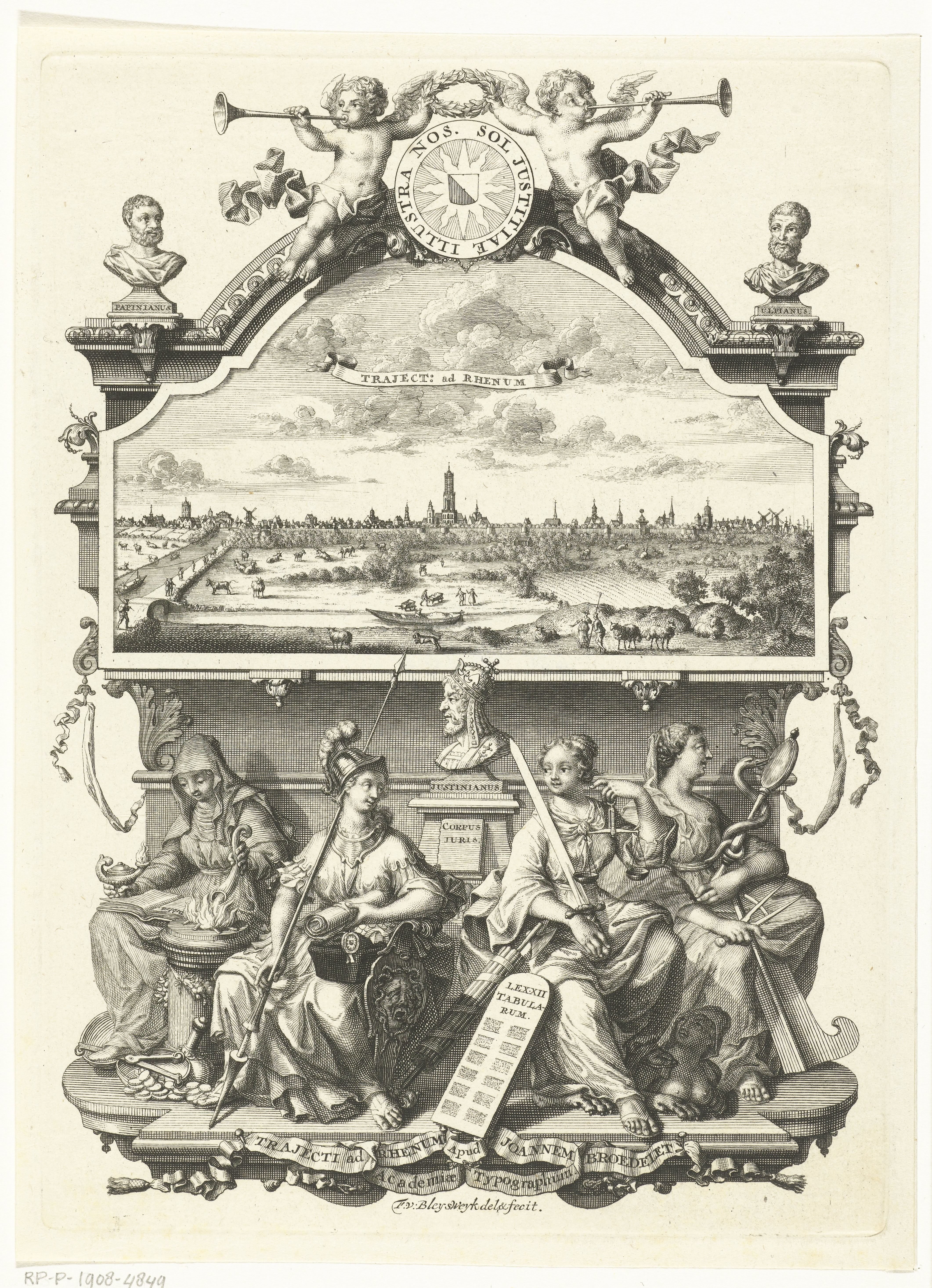 Gezicht op Utrecht in omlijsting met godin Minerva en deugden
