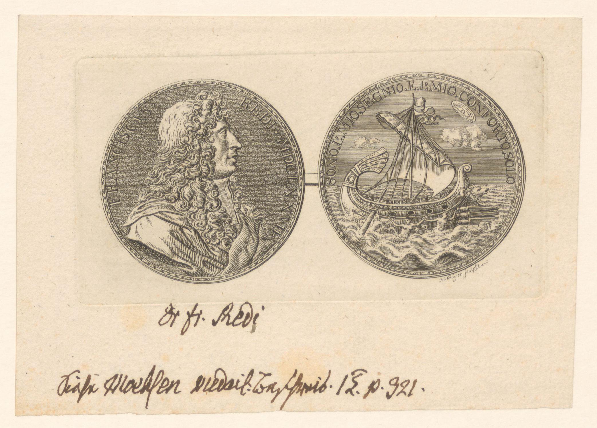 Portret van Francesco Redi en voorstelling van een schip op zee