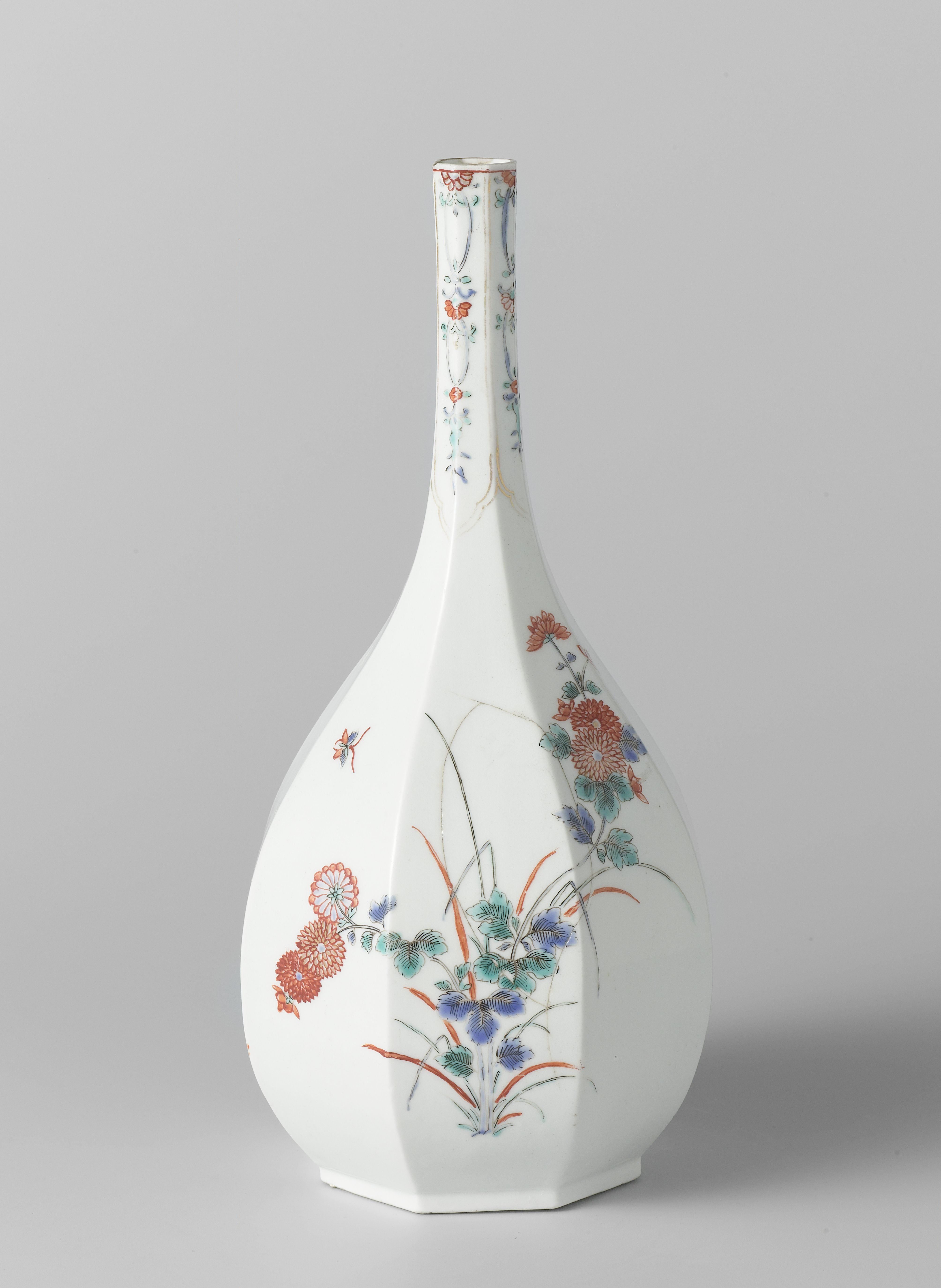 Octagonal bottle with flowering plants and floral scrolls