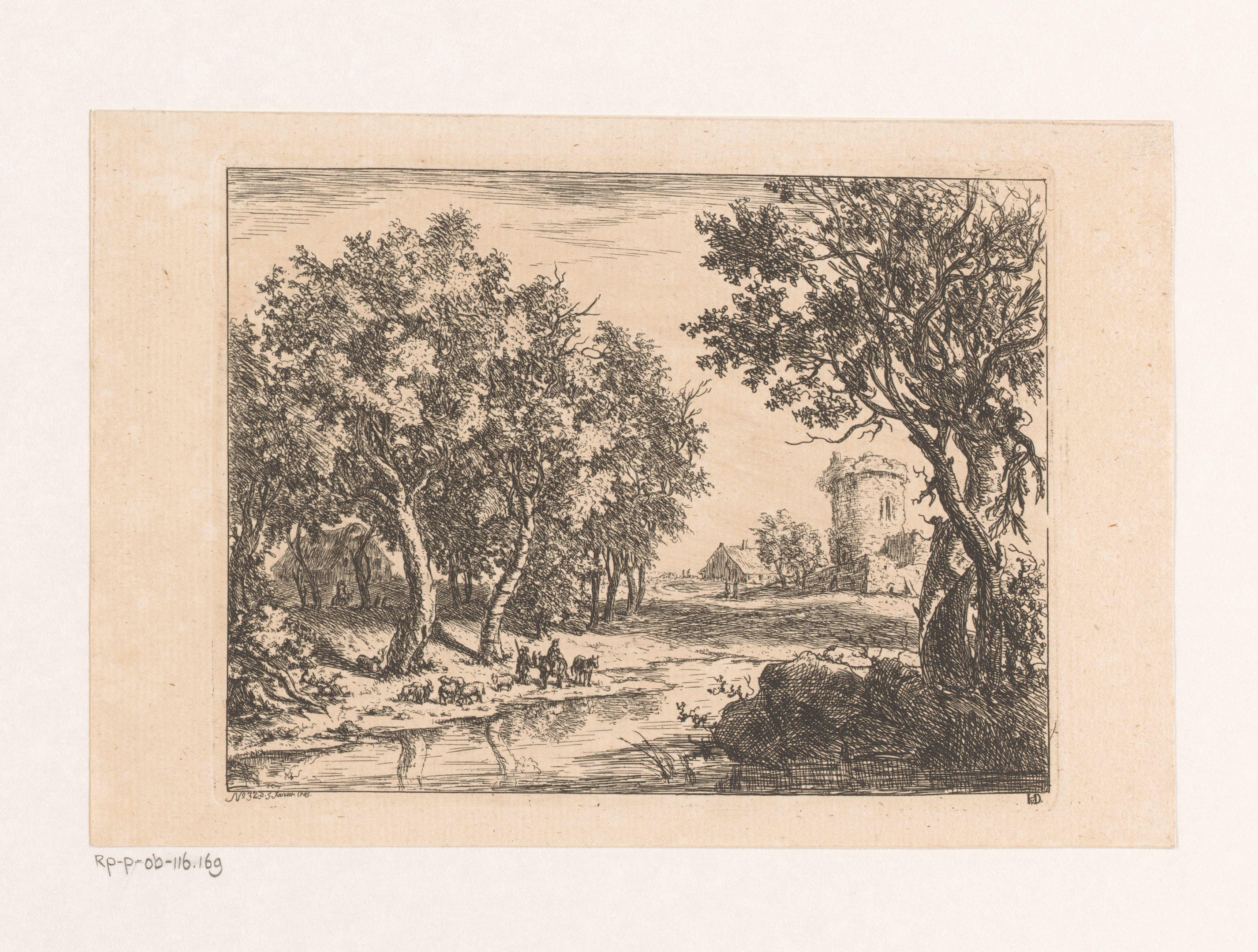 Landschap met herders aan het water en een toren op de achtergrond