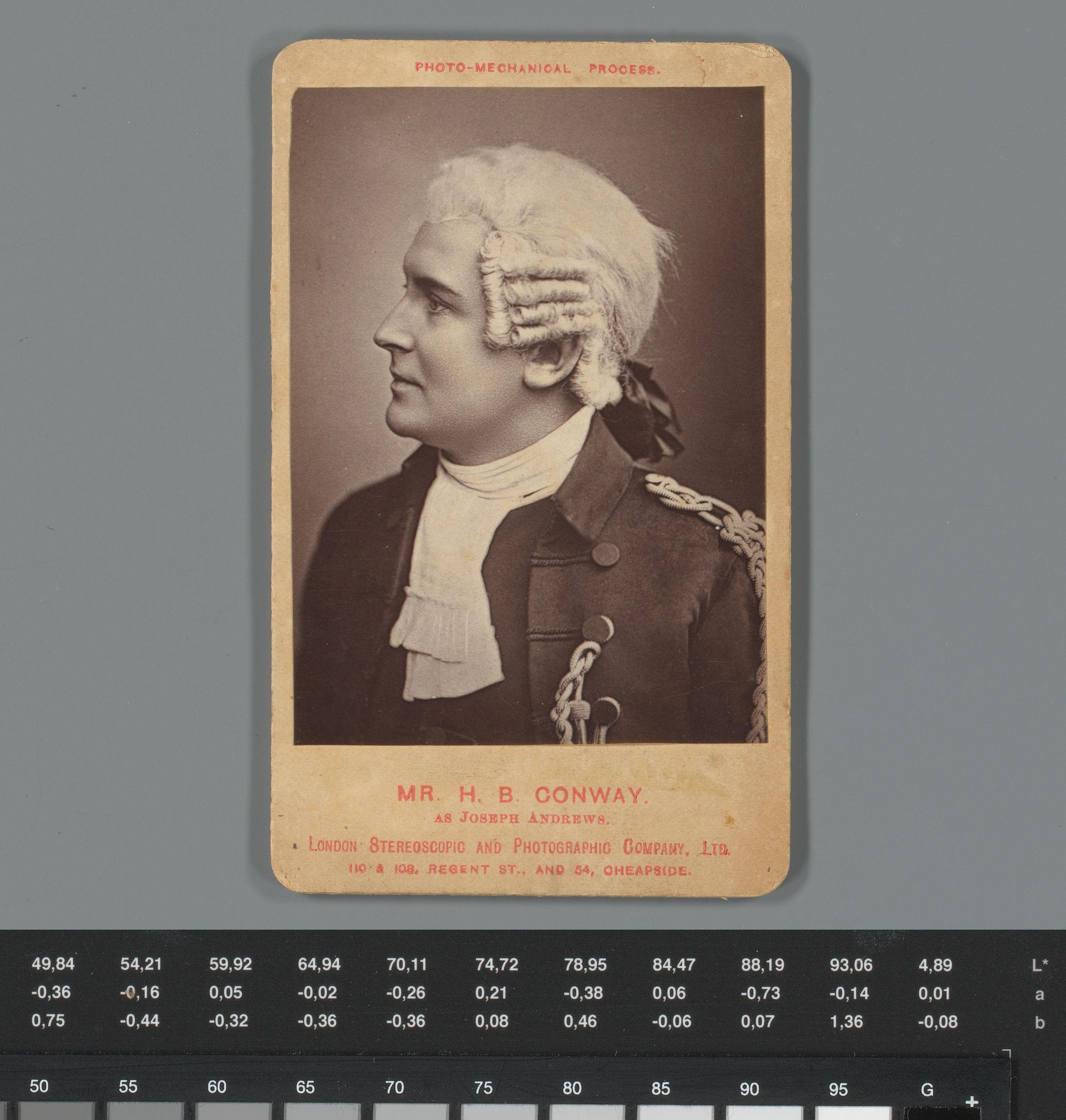 Reclame voor een voorstelling in Vaudeville Theatre in Londen met portret van Harry B. Conway gekleed als het personage Joseph Andrews