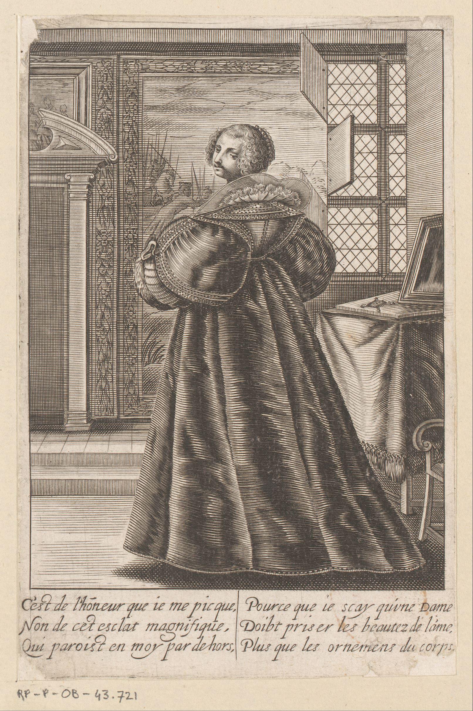 Interieur met een dame staand voor een kaptafel