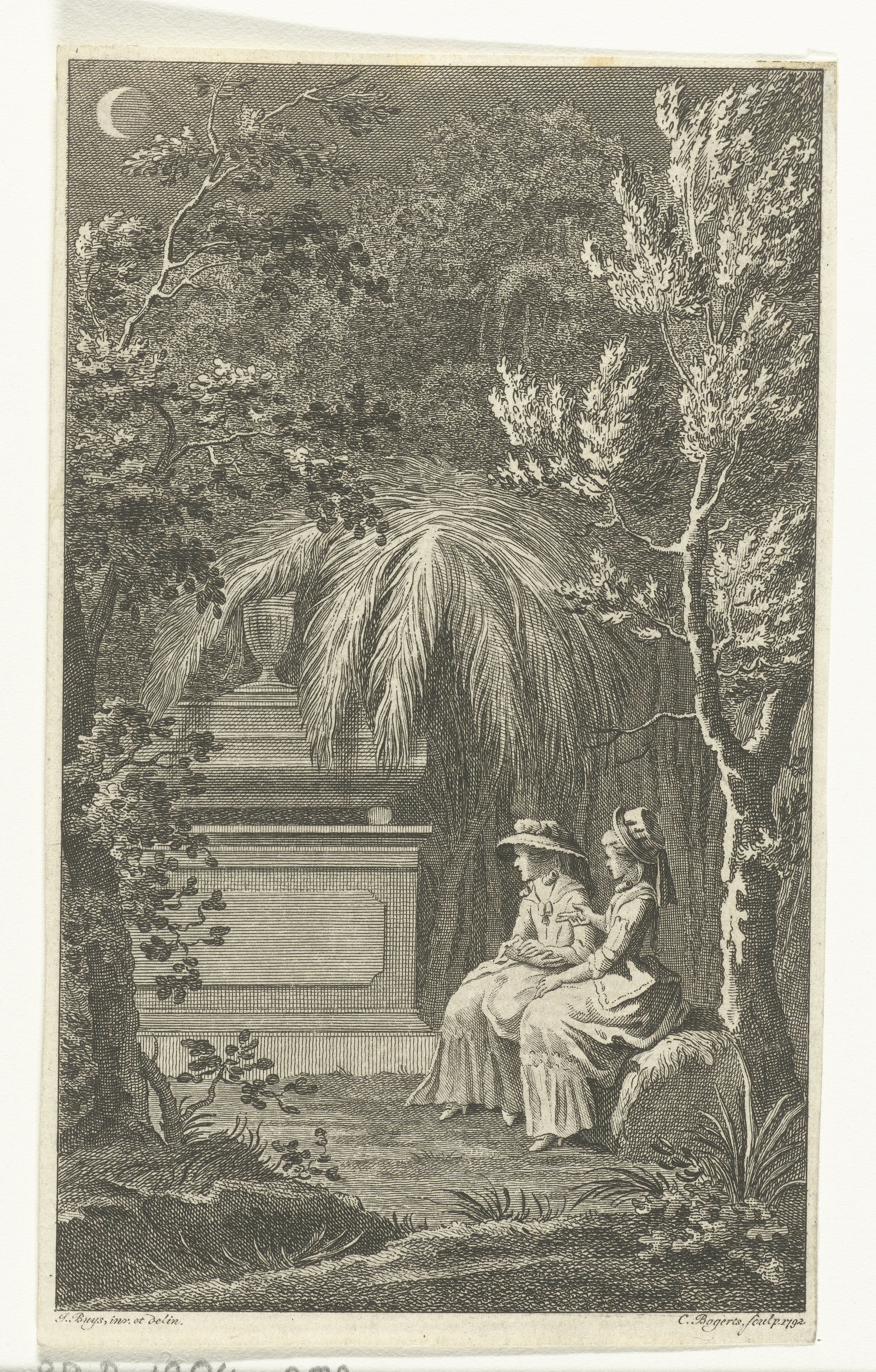 Twee dames op een kerkhof bij een graftombe