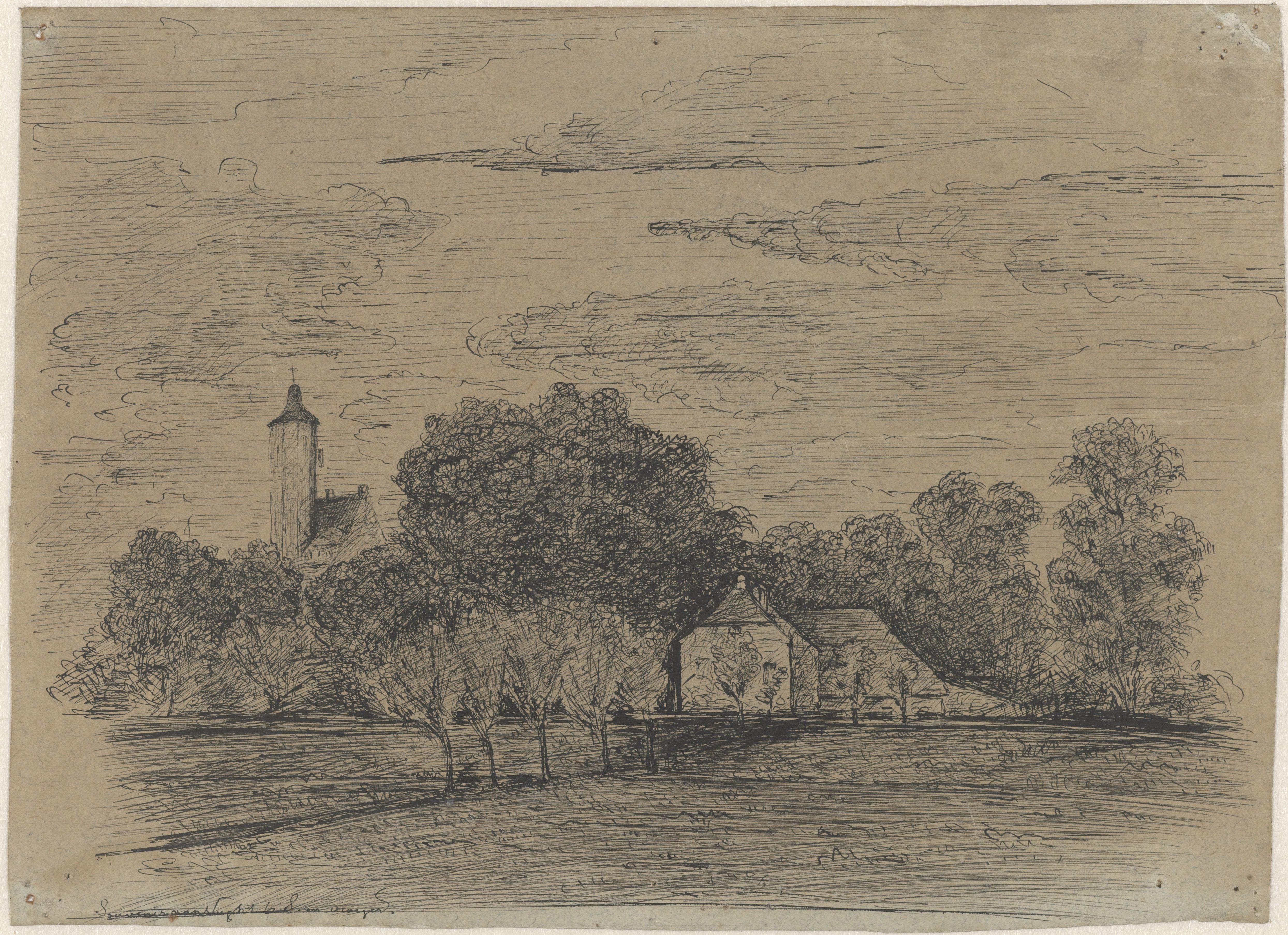 Landschap met boerderij en toren