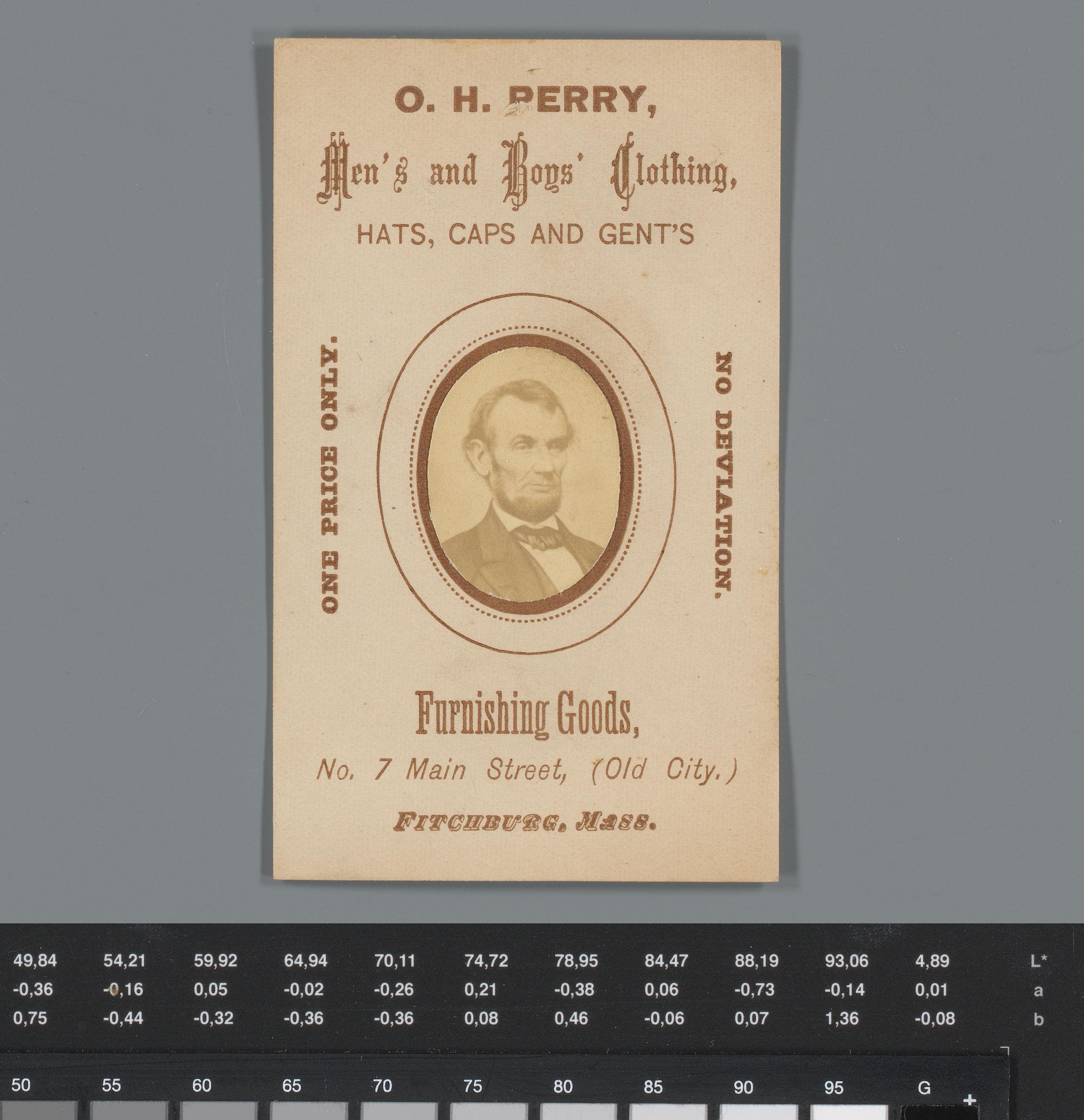Reclame voor herenkleding van O.H. Perry te Fitchburg, met een portret van Abraham Lincoln