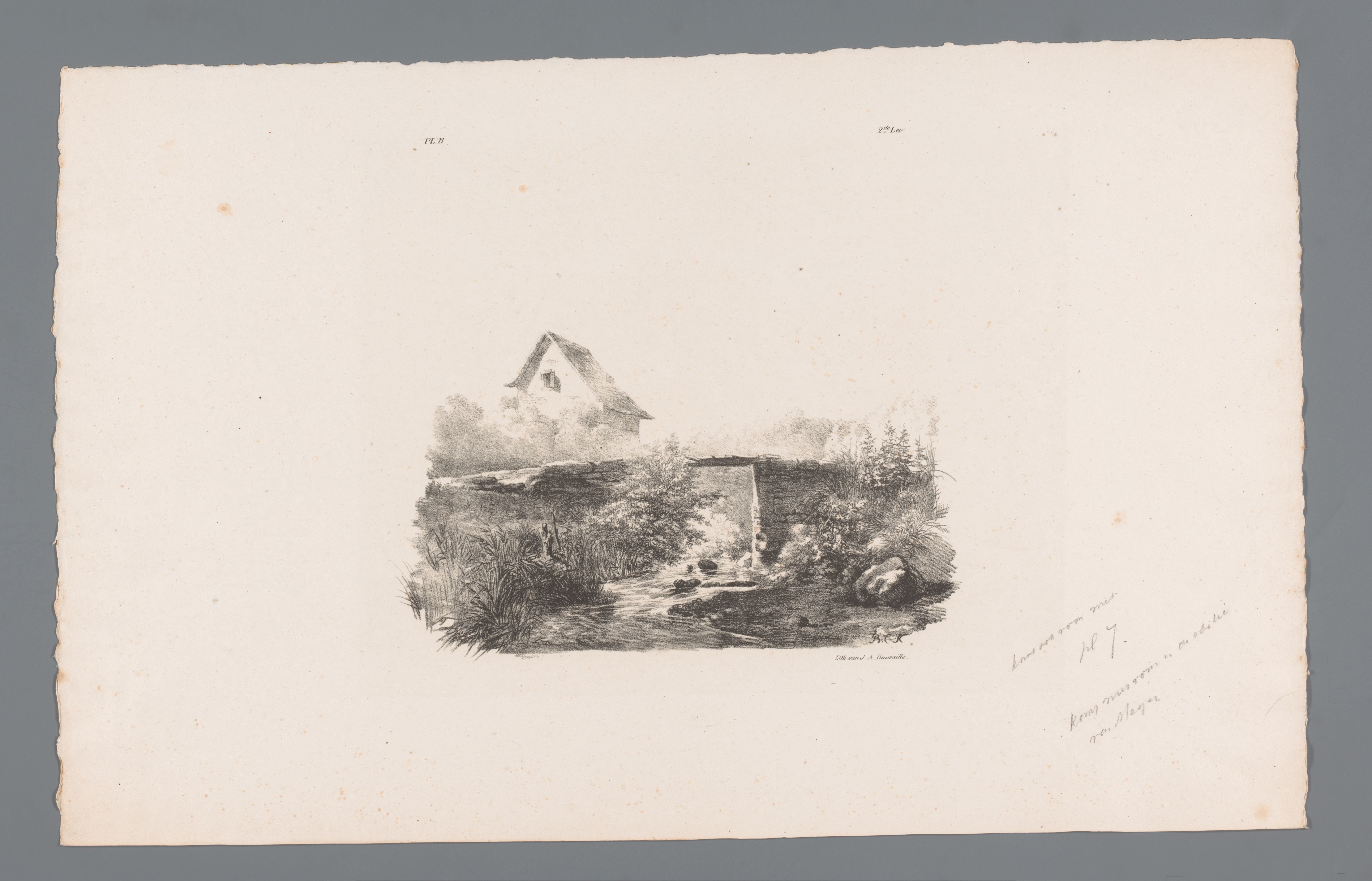 Landschap met beek en huis