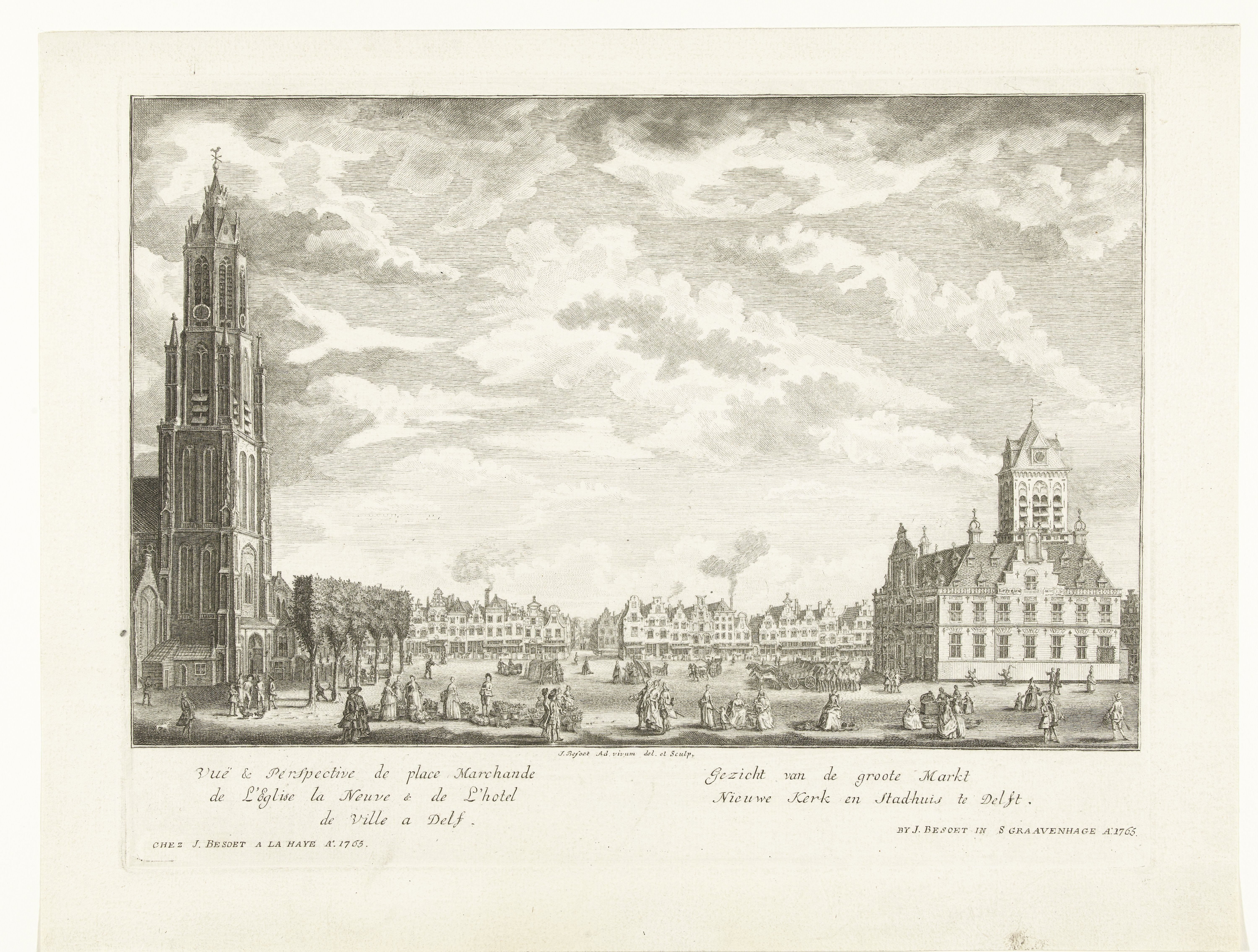 Gezicht op de Markt, de Nieuwe Kerk en het stadhuis te Delft
