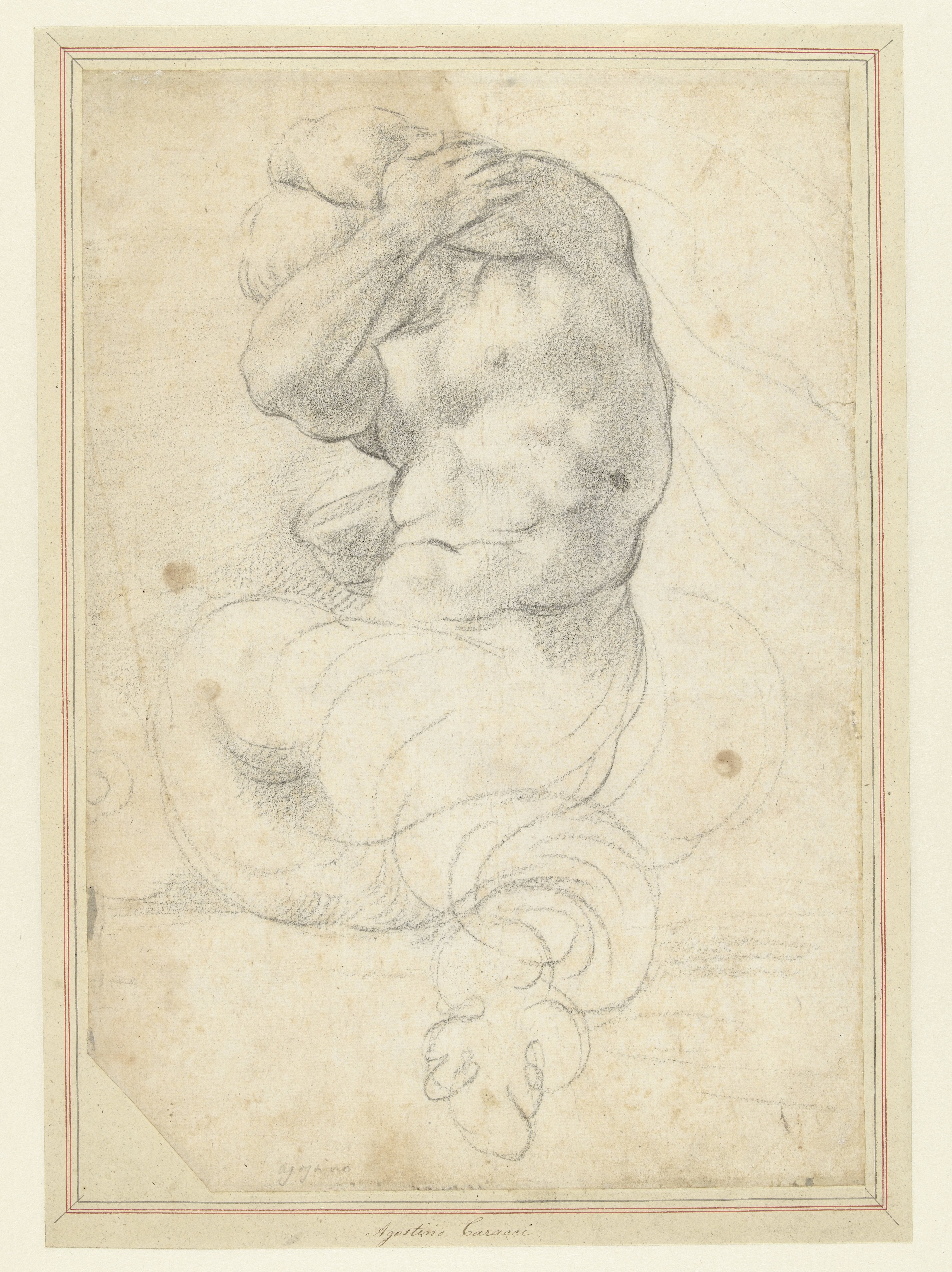 Zeemonster of triton met om het hoofd gebogen armen
