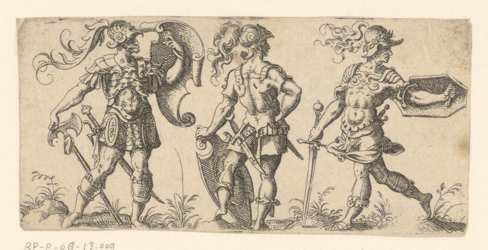 Drie krijgers kijkend naar rechts, een van hen met een bijl