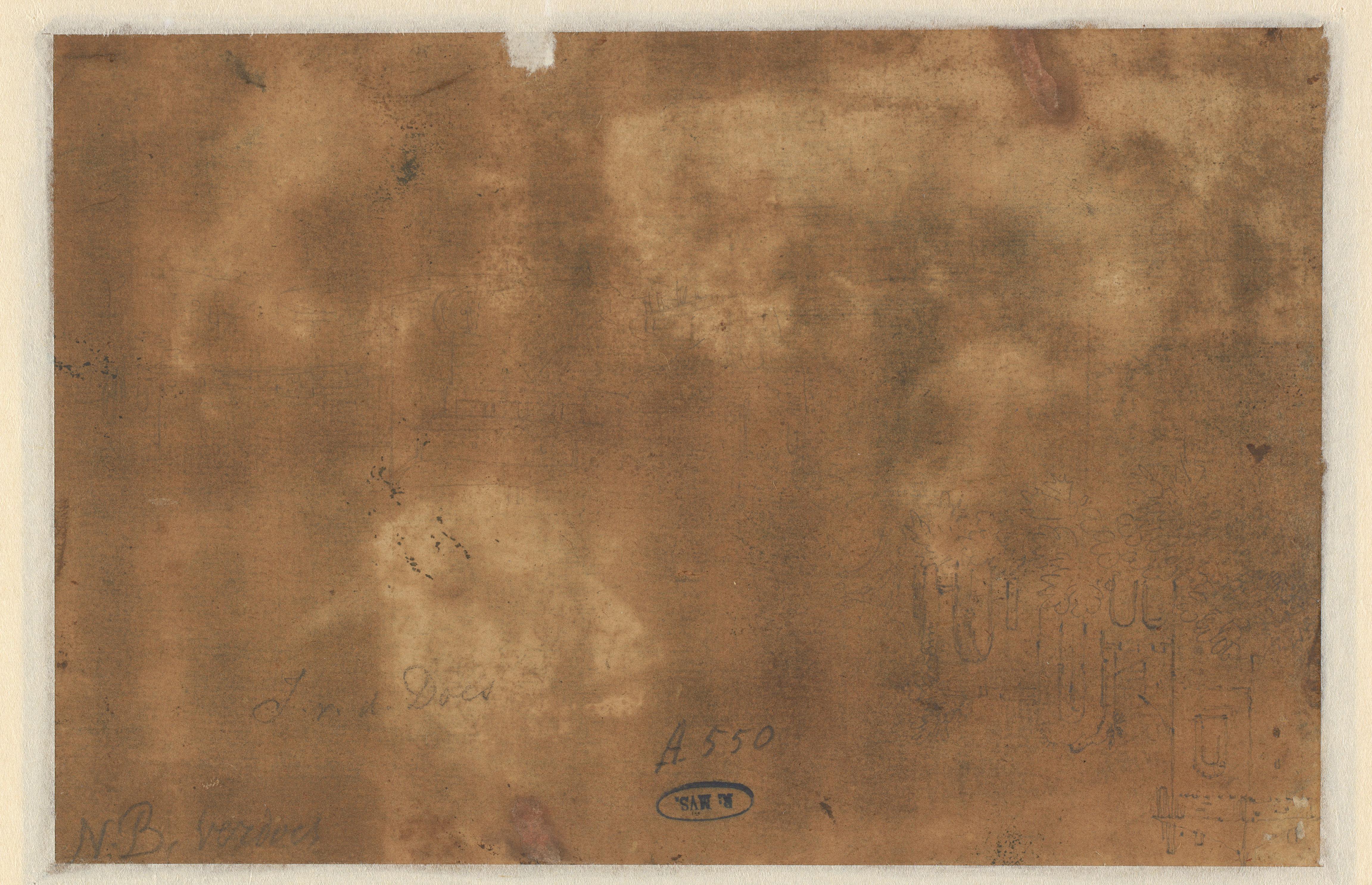 Sketch of an Italian Tower next to a City Wall behind Trees with a Ruined Structure and Park / recto: Five Studies of the Head of a Sheep