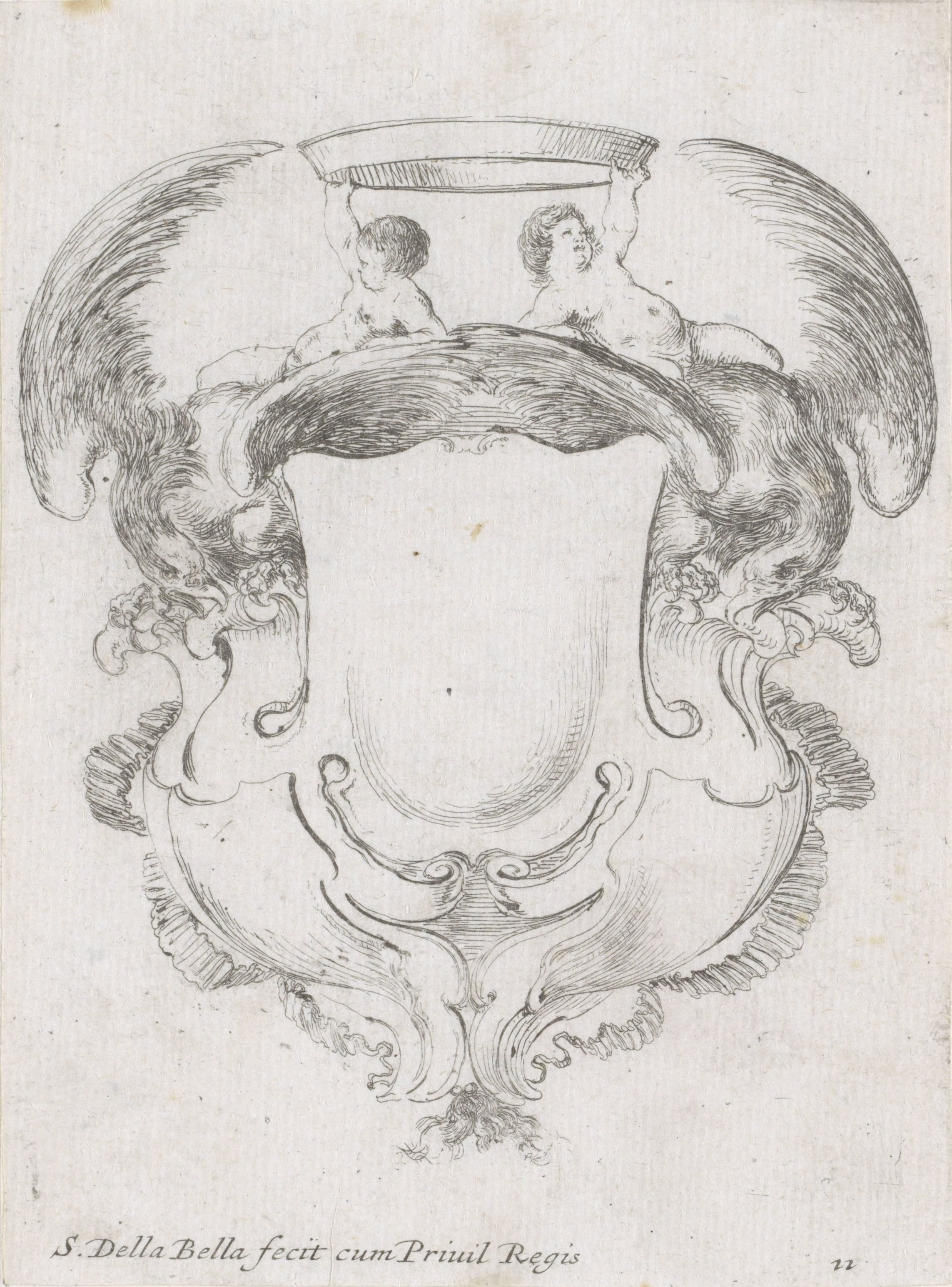 Cartouche met twee adelaars en twee putti die een kroon vasthouden