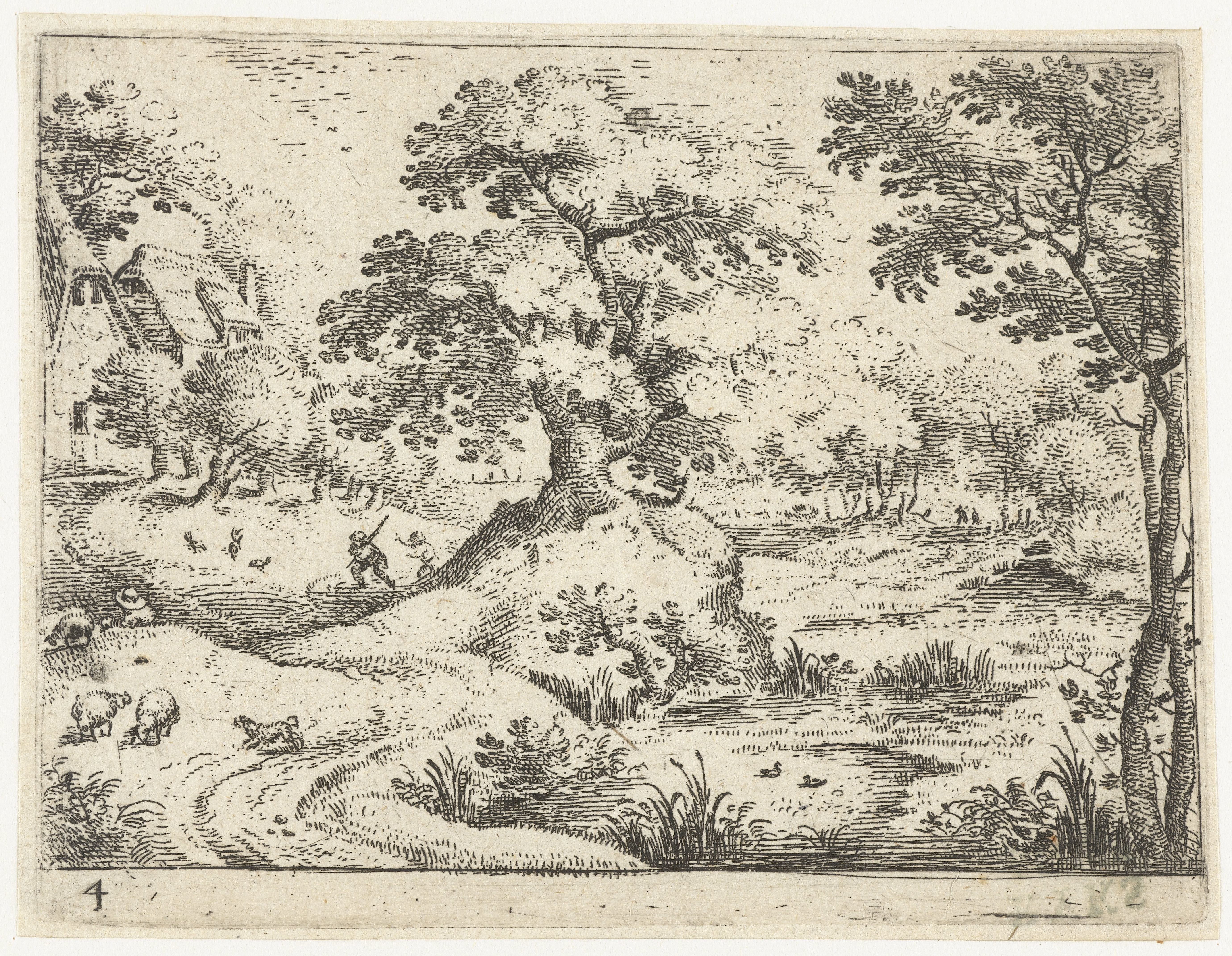 Landschap met reizigers nabij huizen