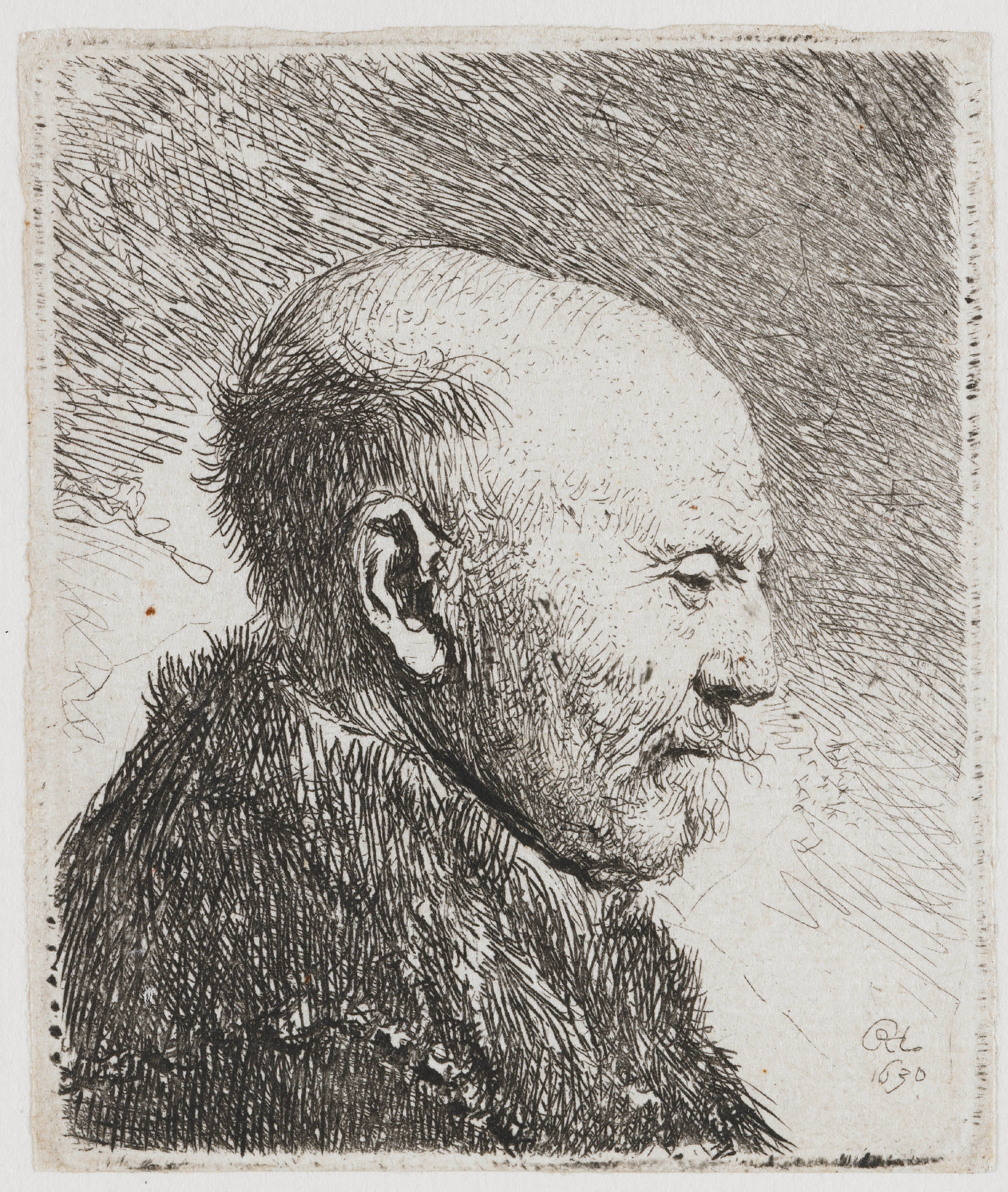 Bald headed man in profile right: the artist's father (?)
