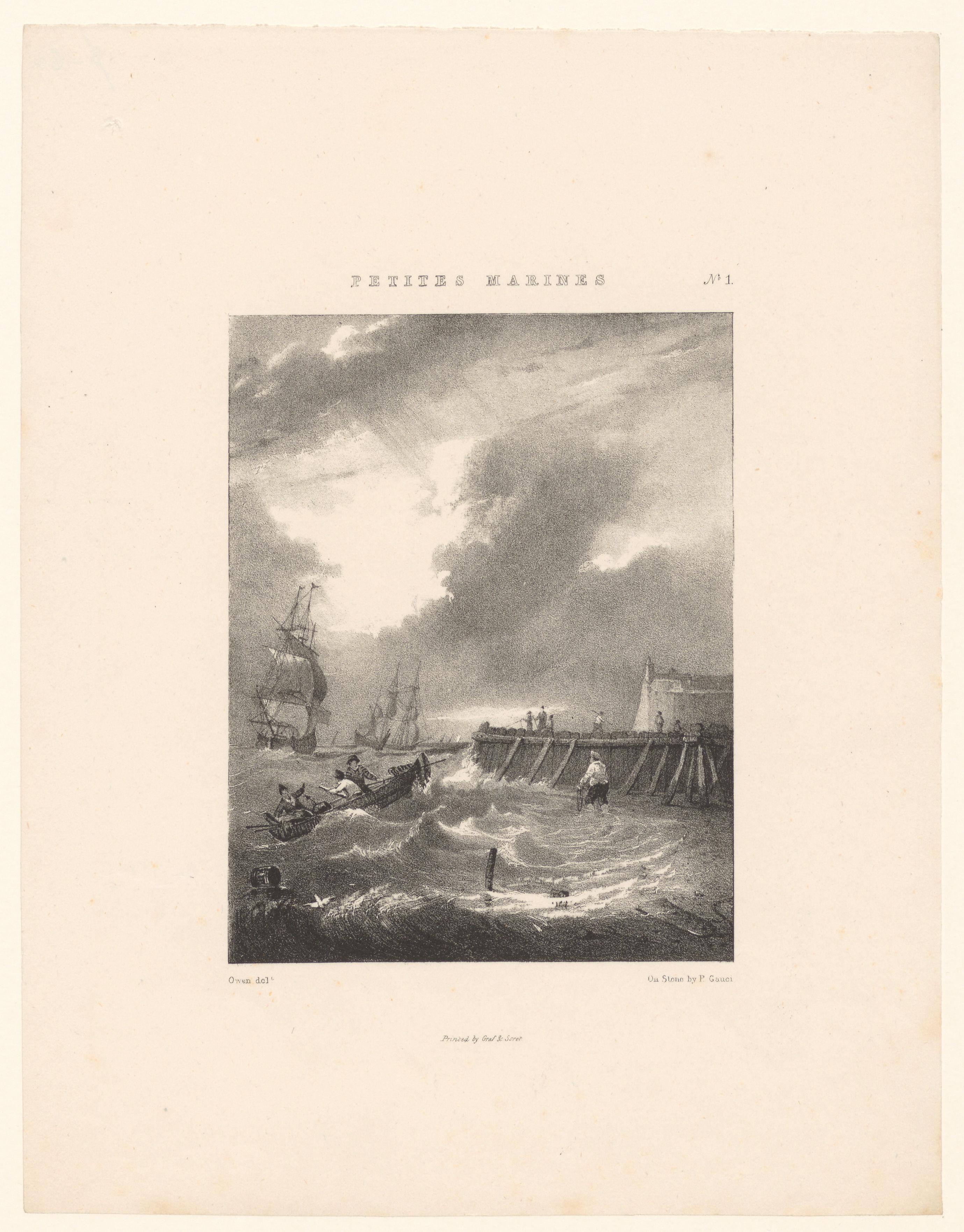 Roeiboot op woeste zee bij een haven