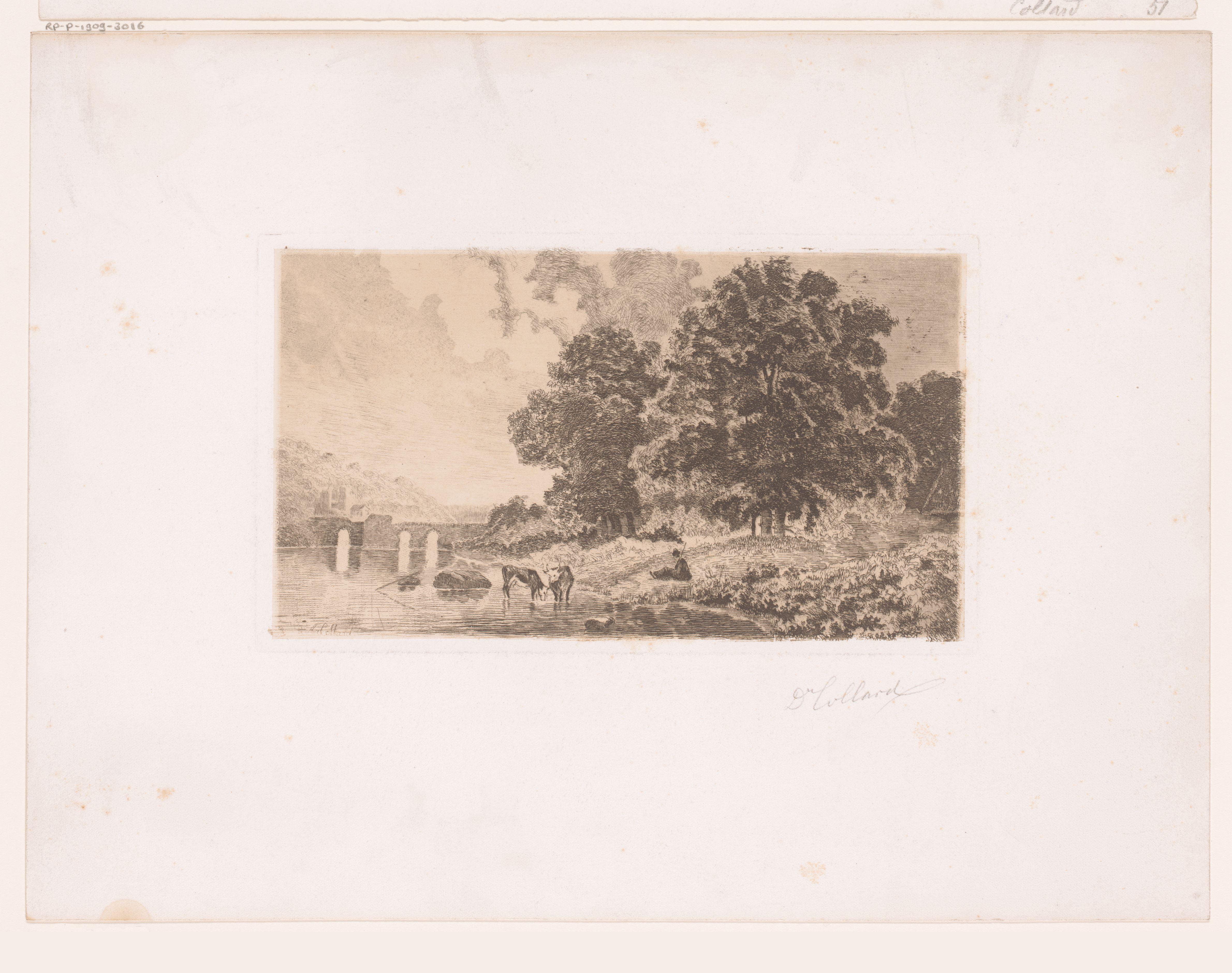 Landschap met brug op de achtergrond en een boer met koeien aan de oever