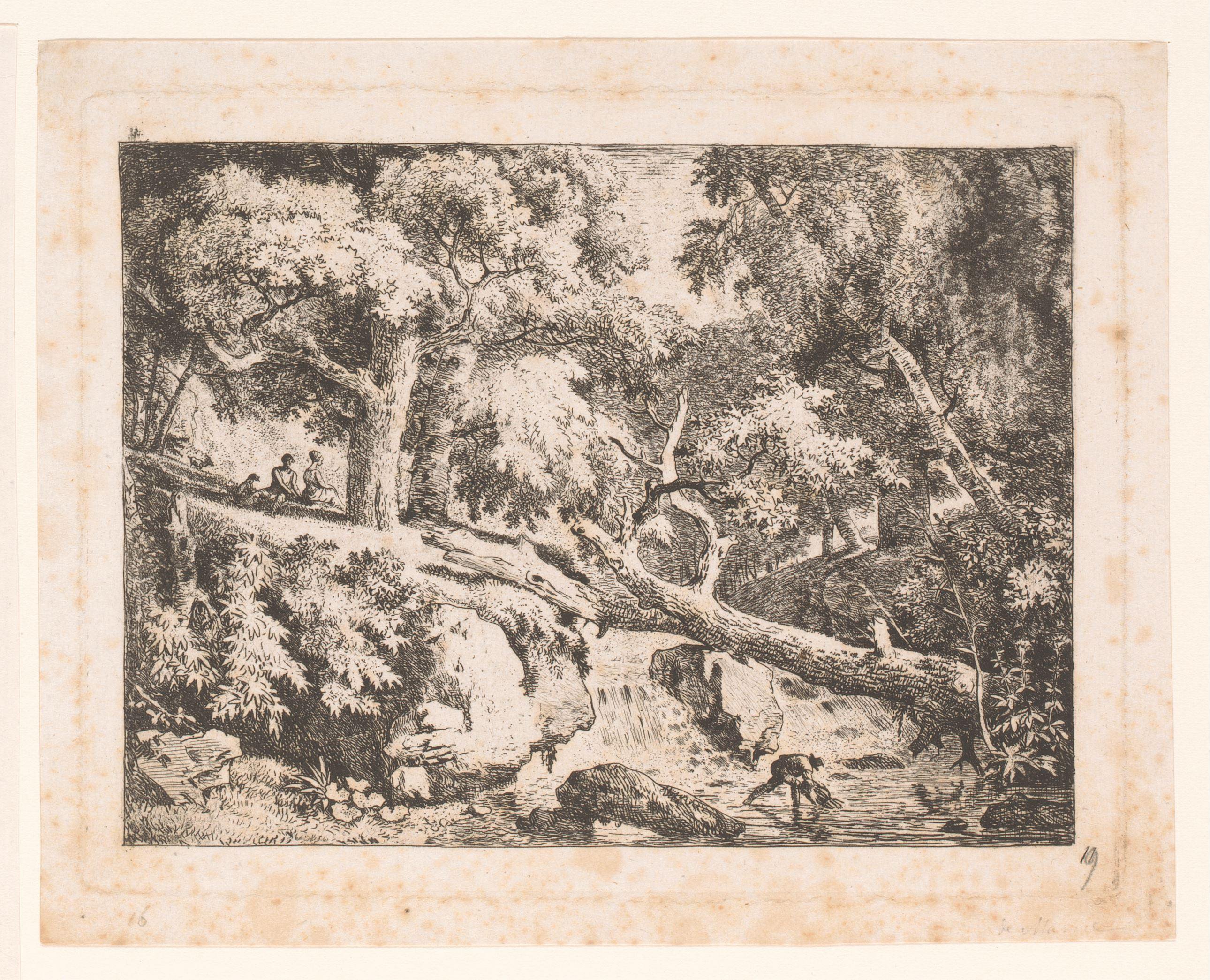 Landschap met boomstam over een waterval