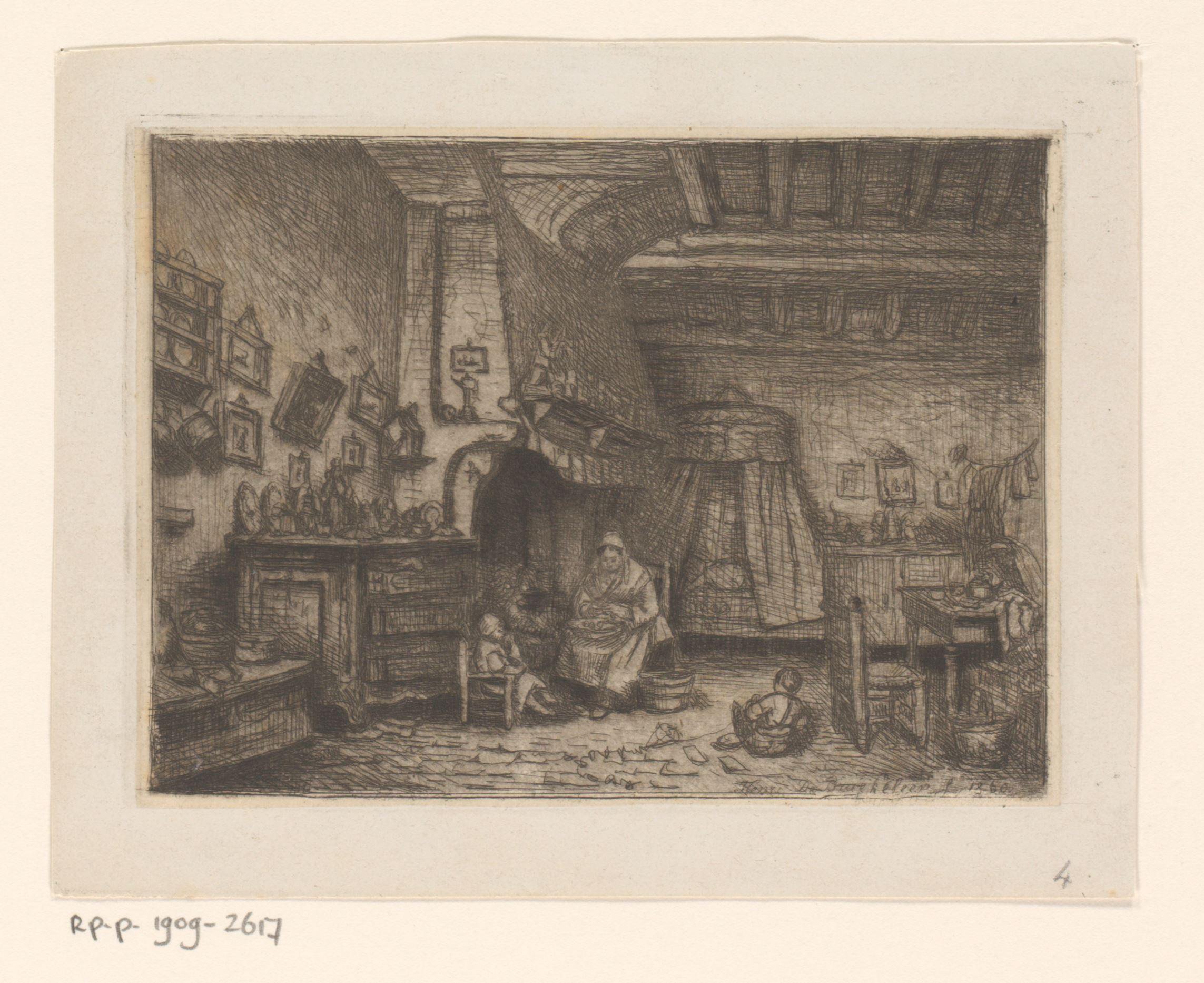 Interieur met een vrouw en twee kinderen