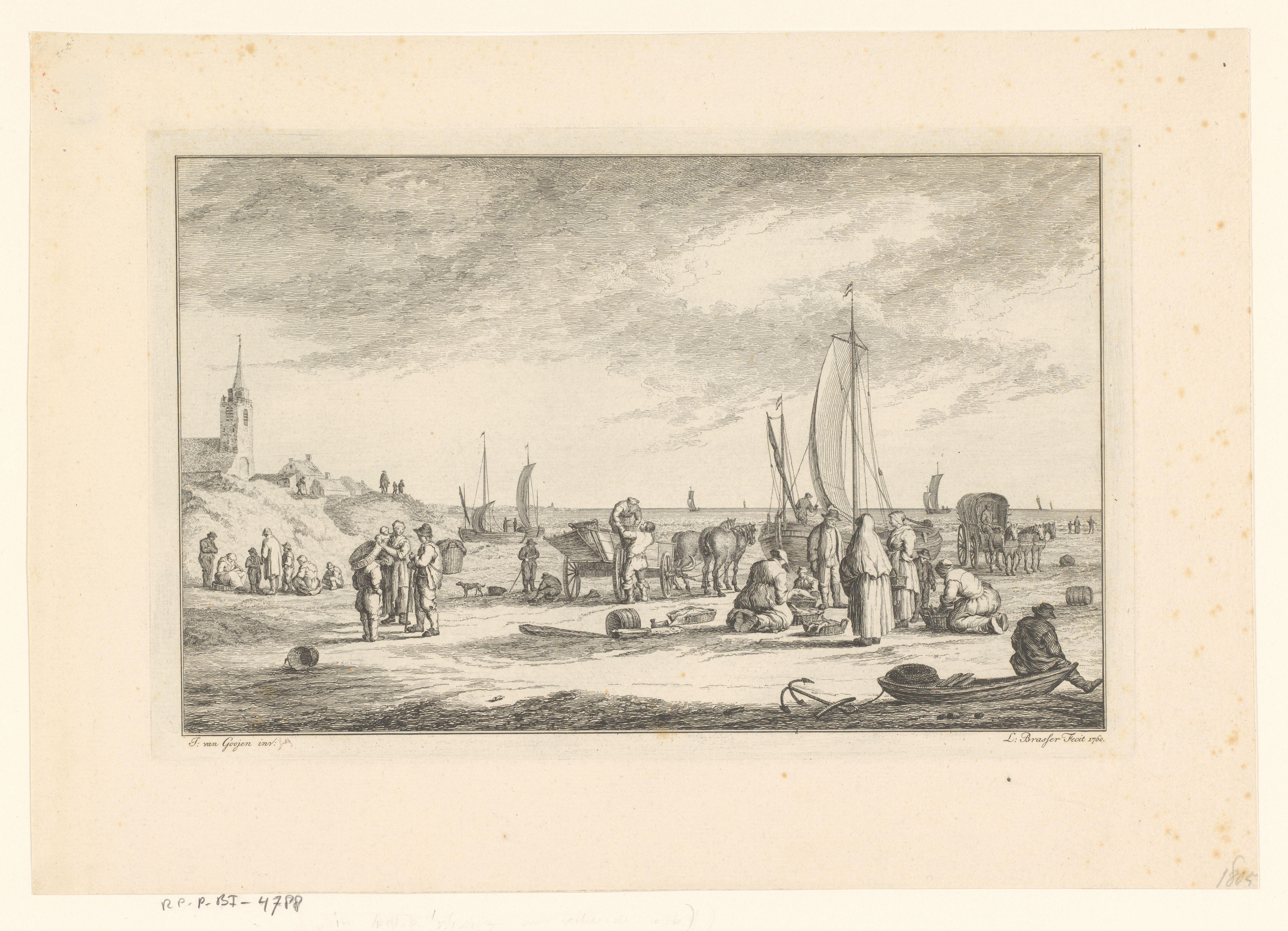 Vissers en vissersboten op het strand bij Scheveningen