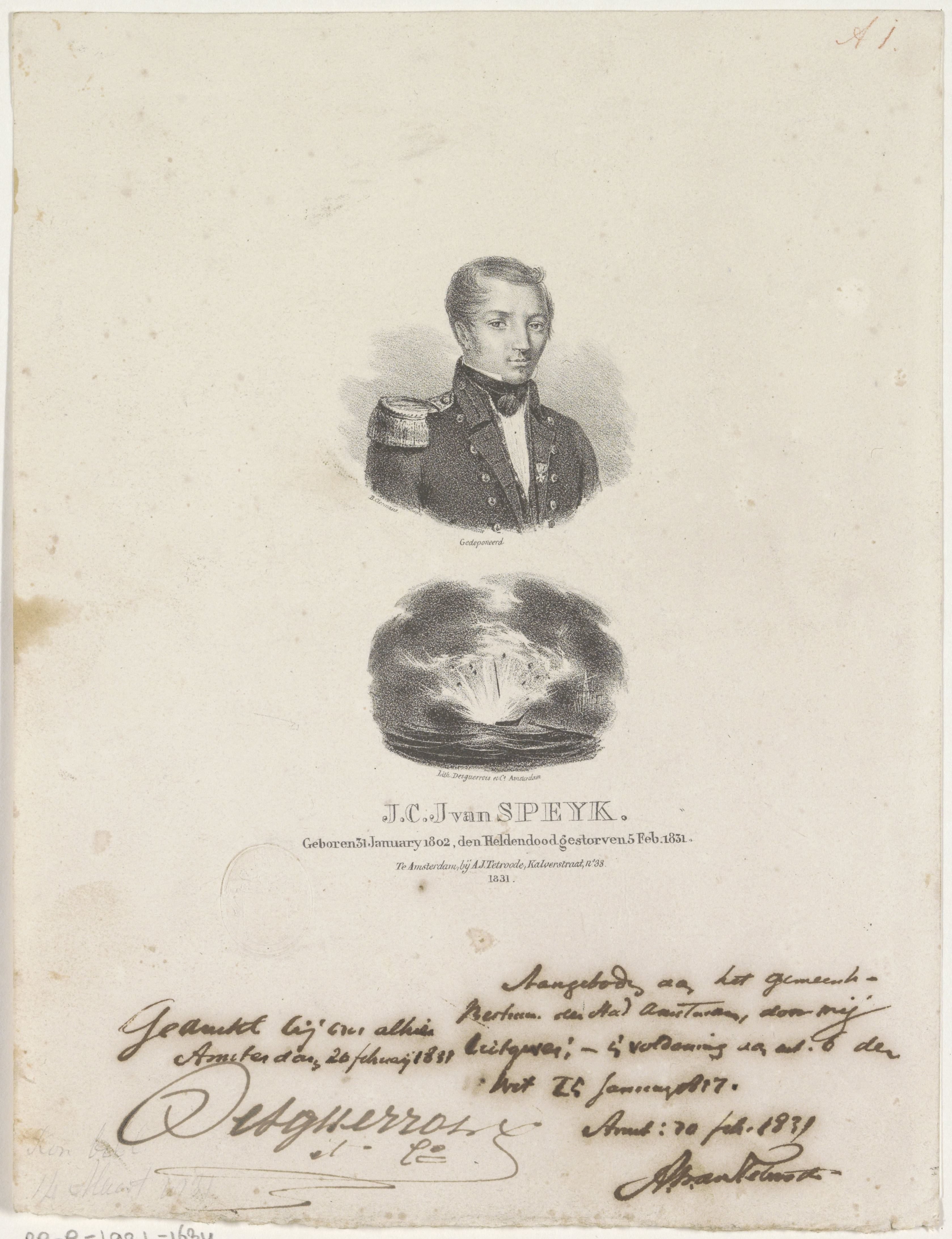 Portret van Jan van Speyk en de ontploffing van zijn schip