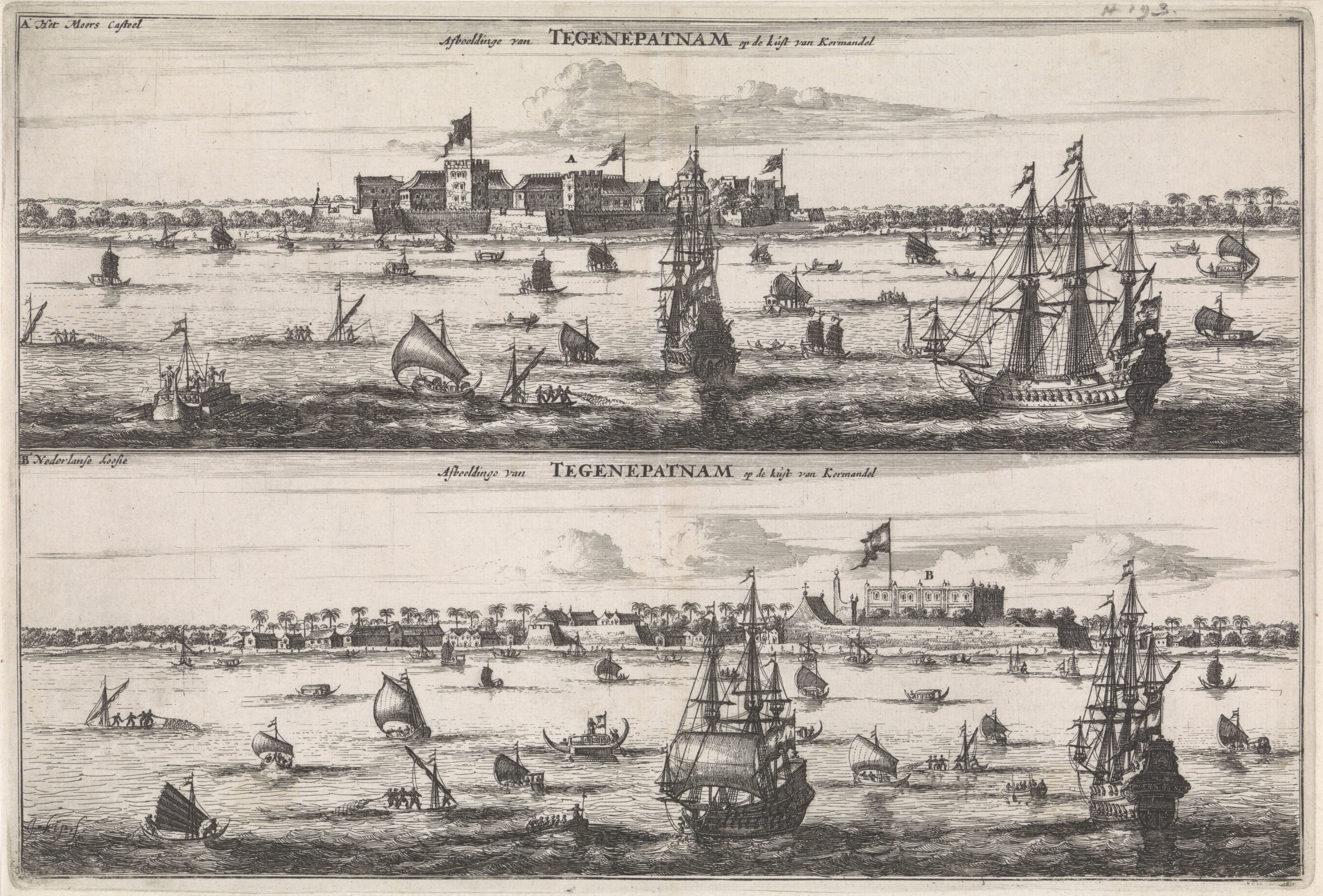 Gezicht op Tegepatnam, een Moors kasteel en de Nederlandse loge