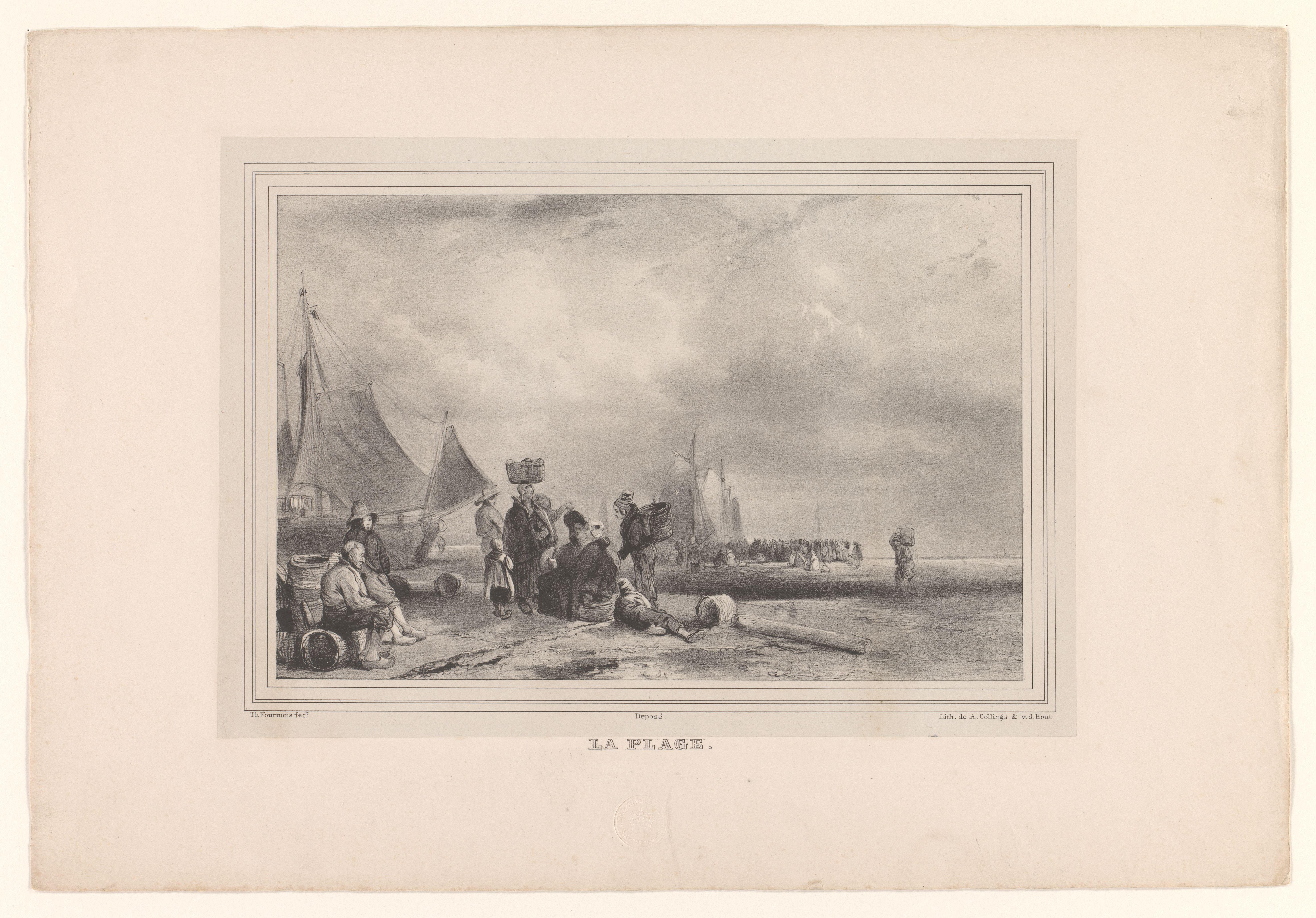 Groep mensen rustend op het strand bij schepen