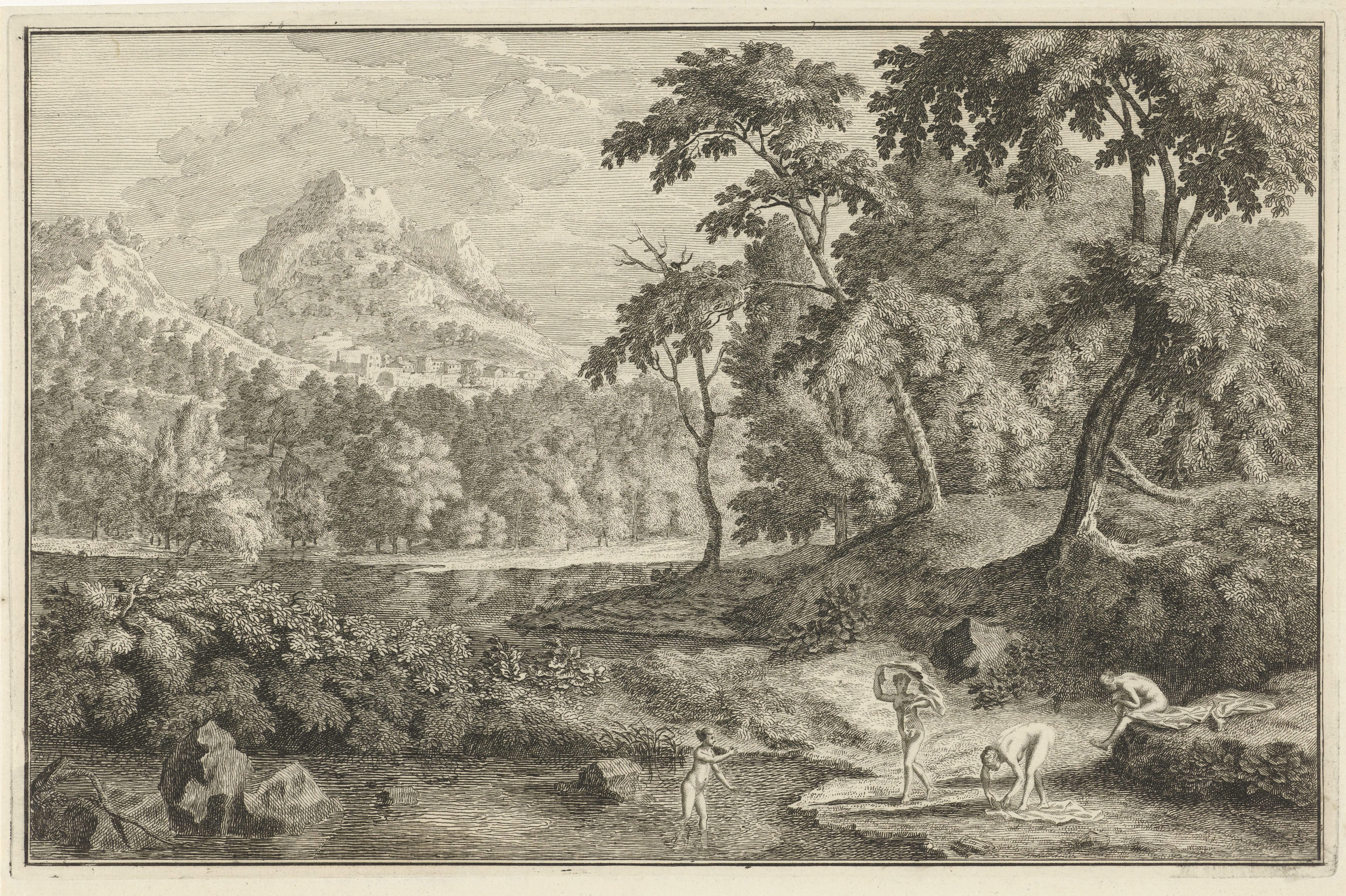 Arcadisch landschap met badende vrouwen
