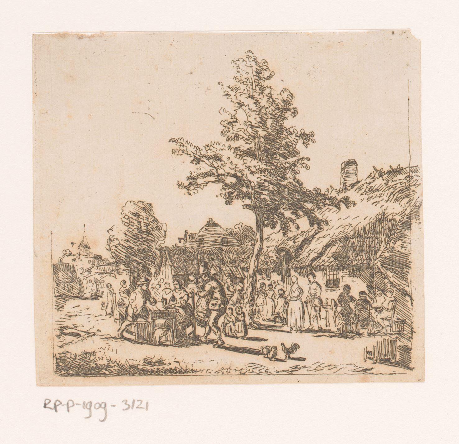 Dorpsgezicht met een groot gezelschap op een plein