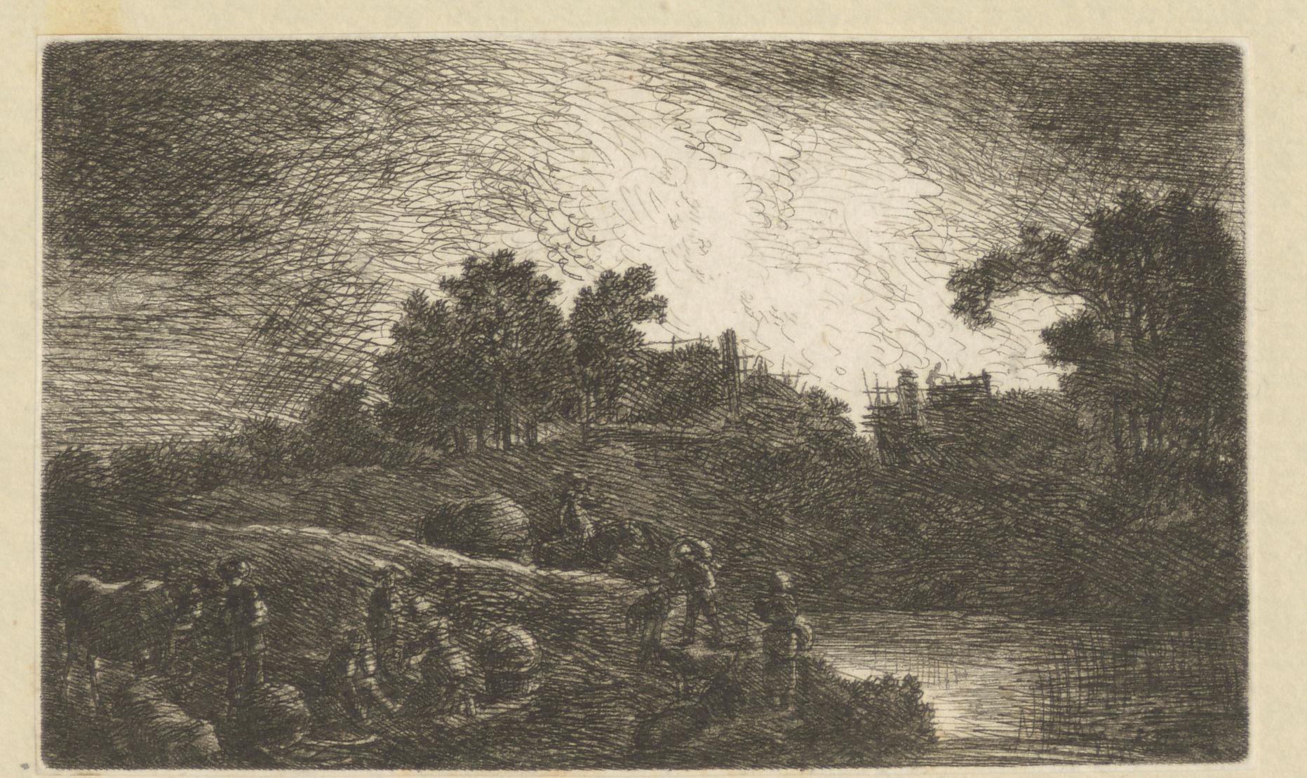 Landschap met boeren aan het werk in de schemering