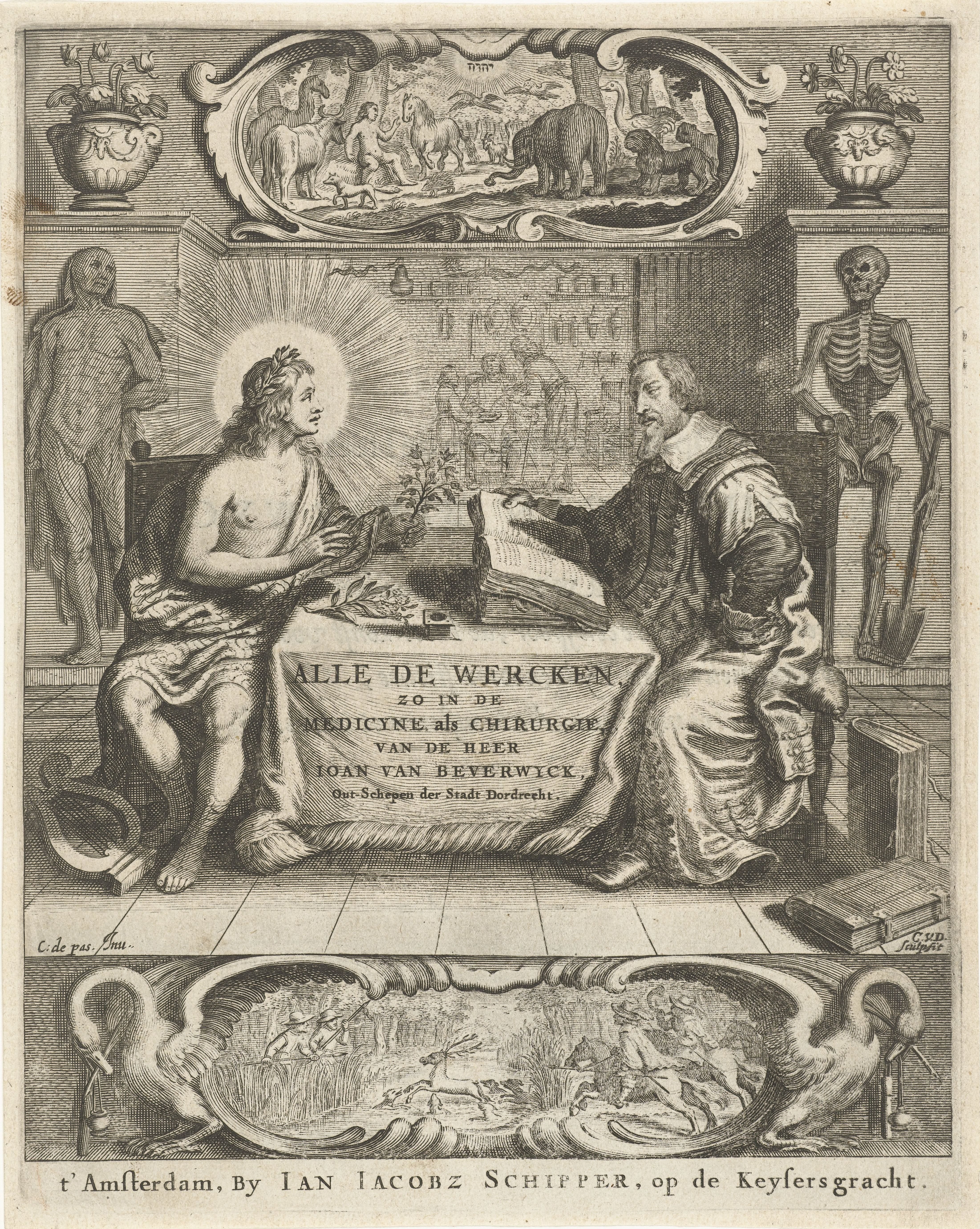 Geneesheer Johan van Beverwijk bestudeert boeken en zit met Apollo aan tafel in interieur