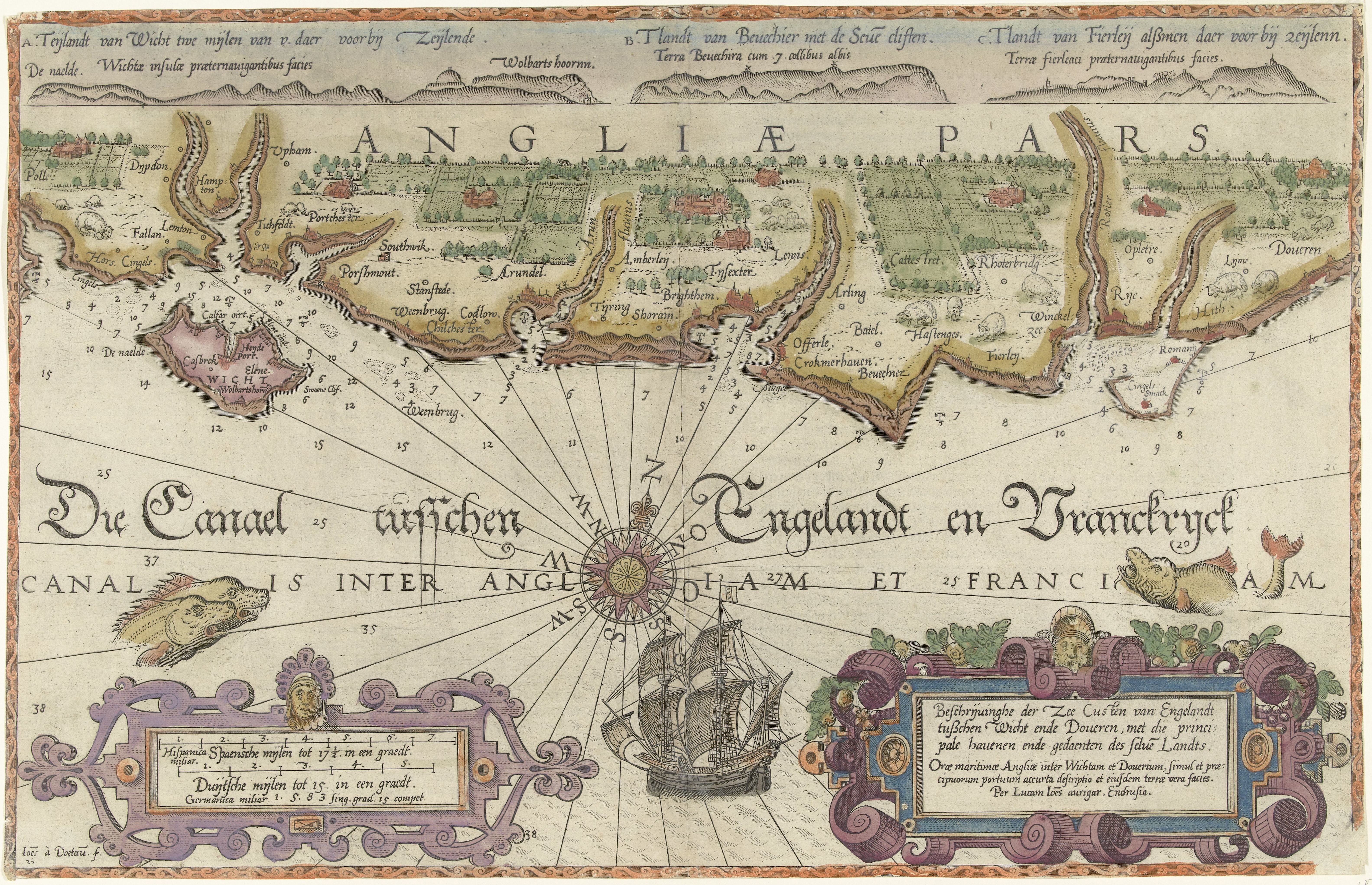 Kaart van de Engelse kust tussen de Isle of Wight en Dover