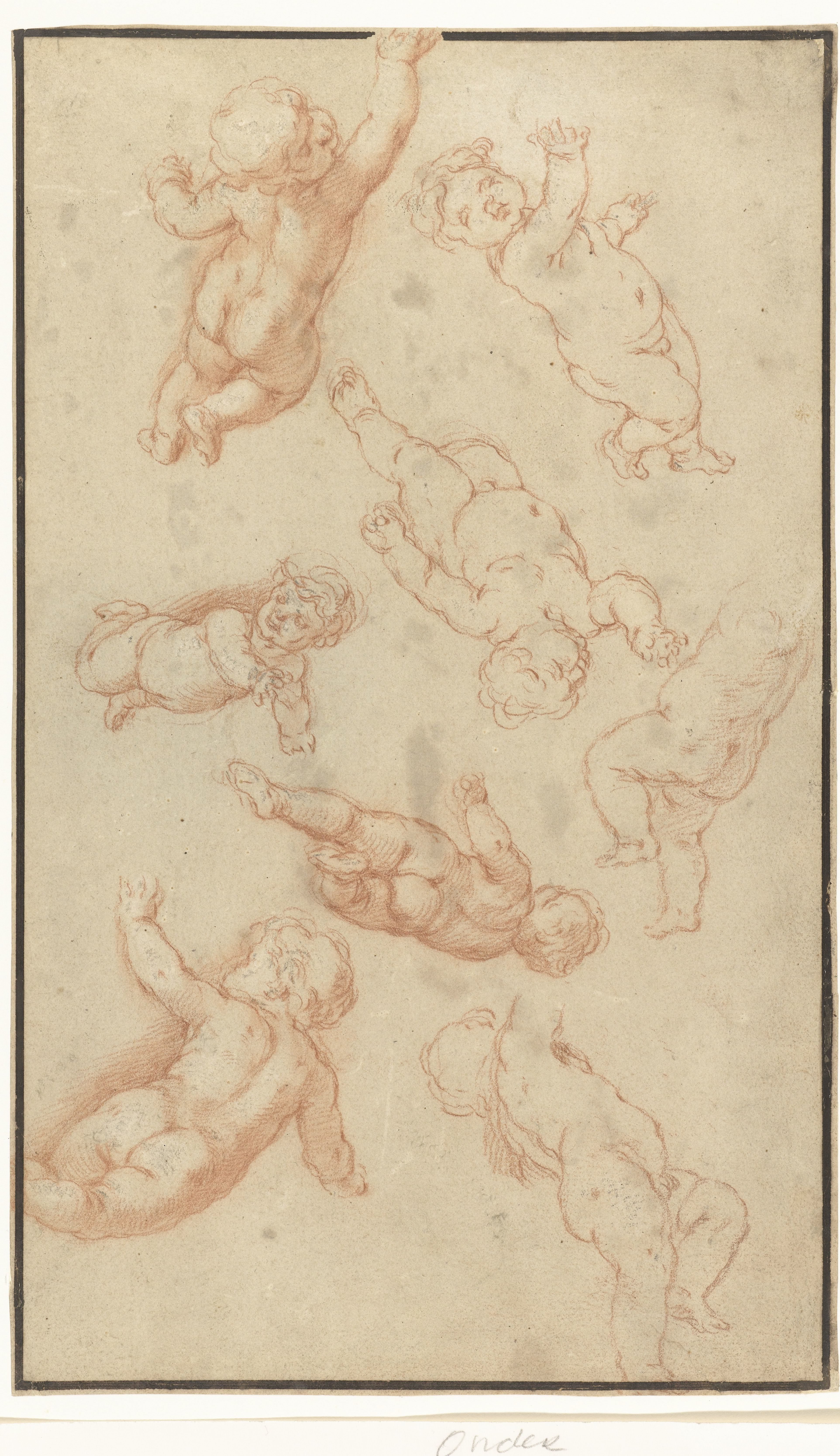 Studieblad met acht zwevende putti