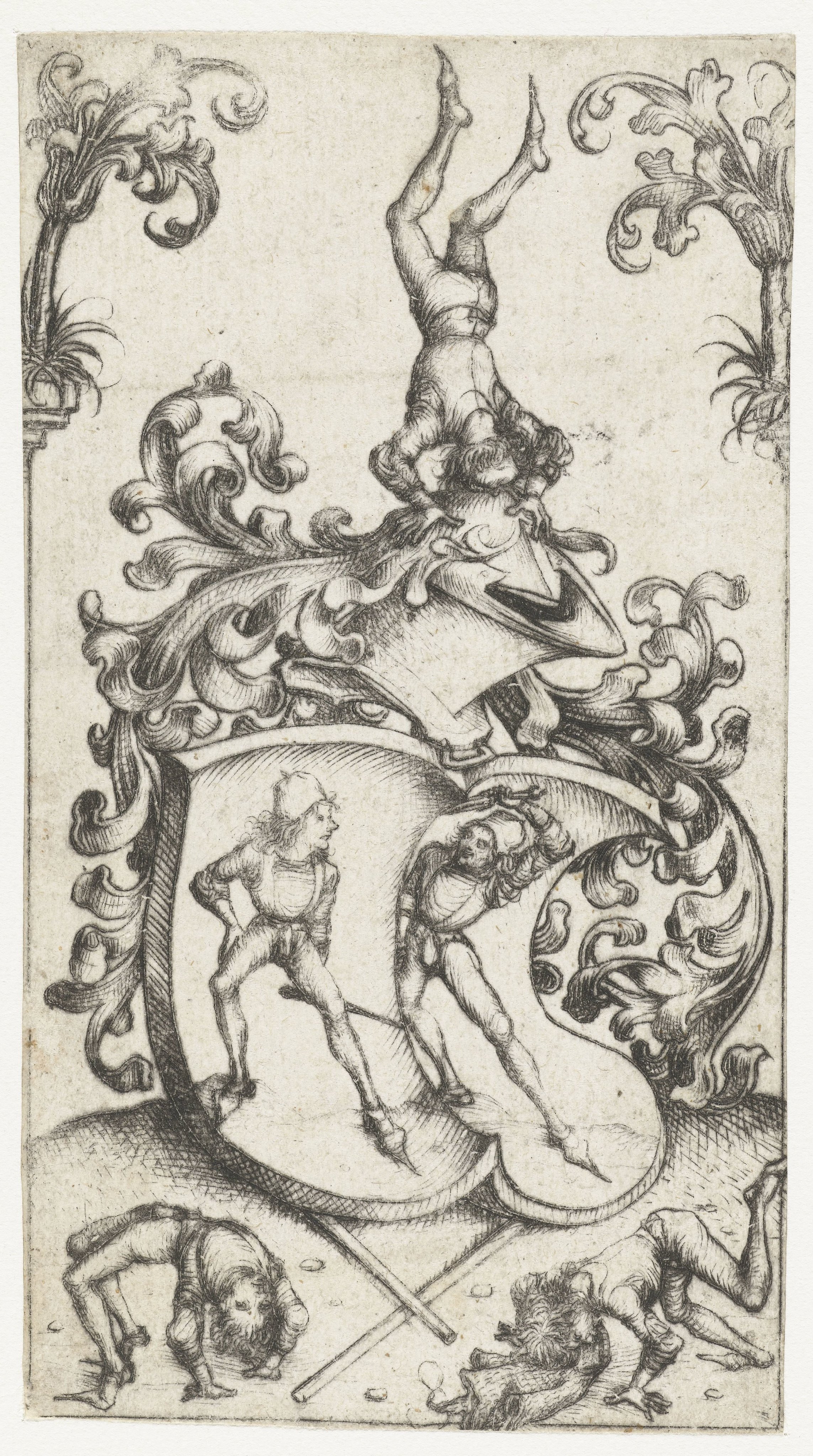 Wapenschild met acrobaten en zwaardvechters