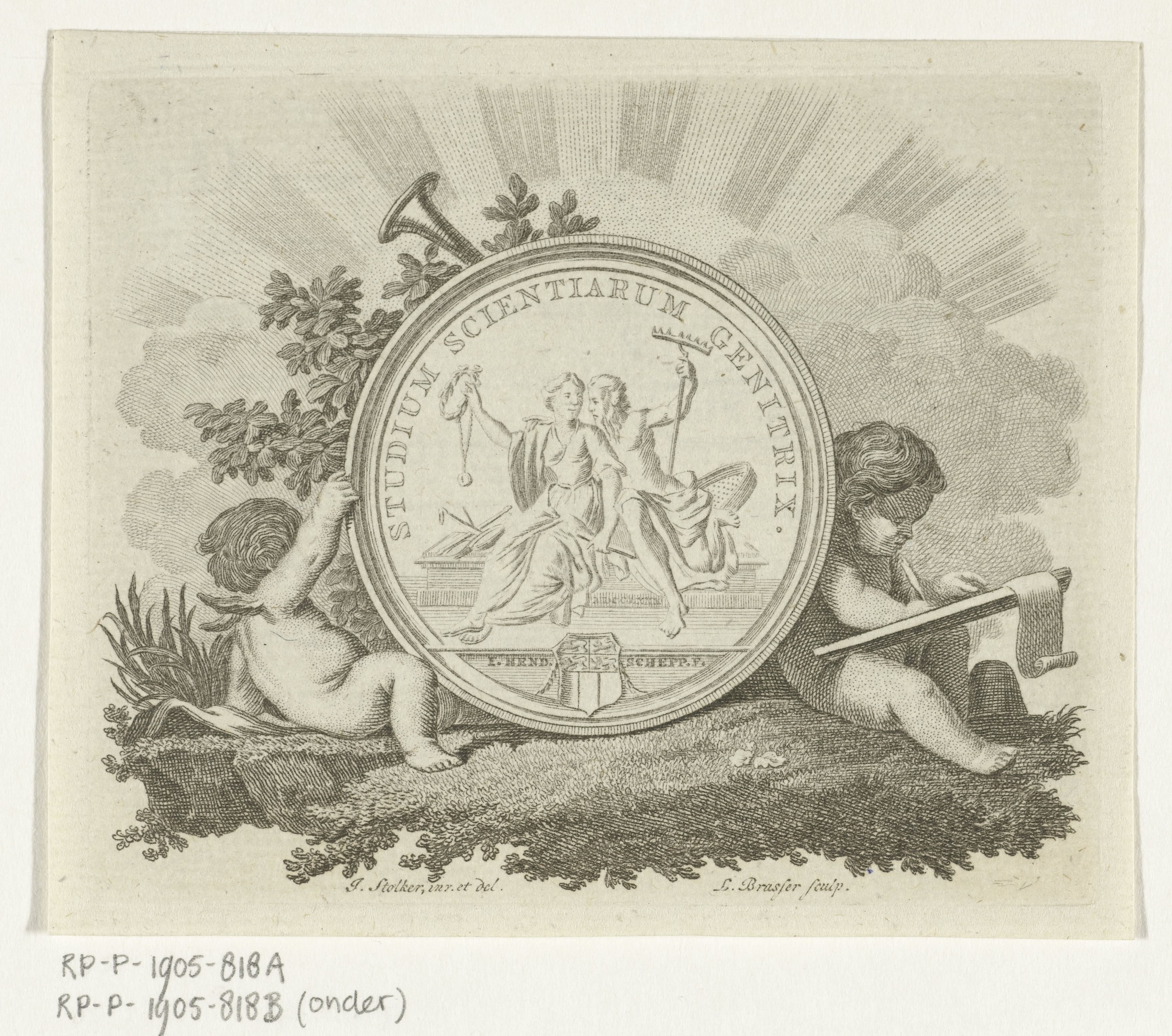 Vignet met medaille met Rechtvaardigheid en Toezicht en inscriptie Studium scientiarum genitrix