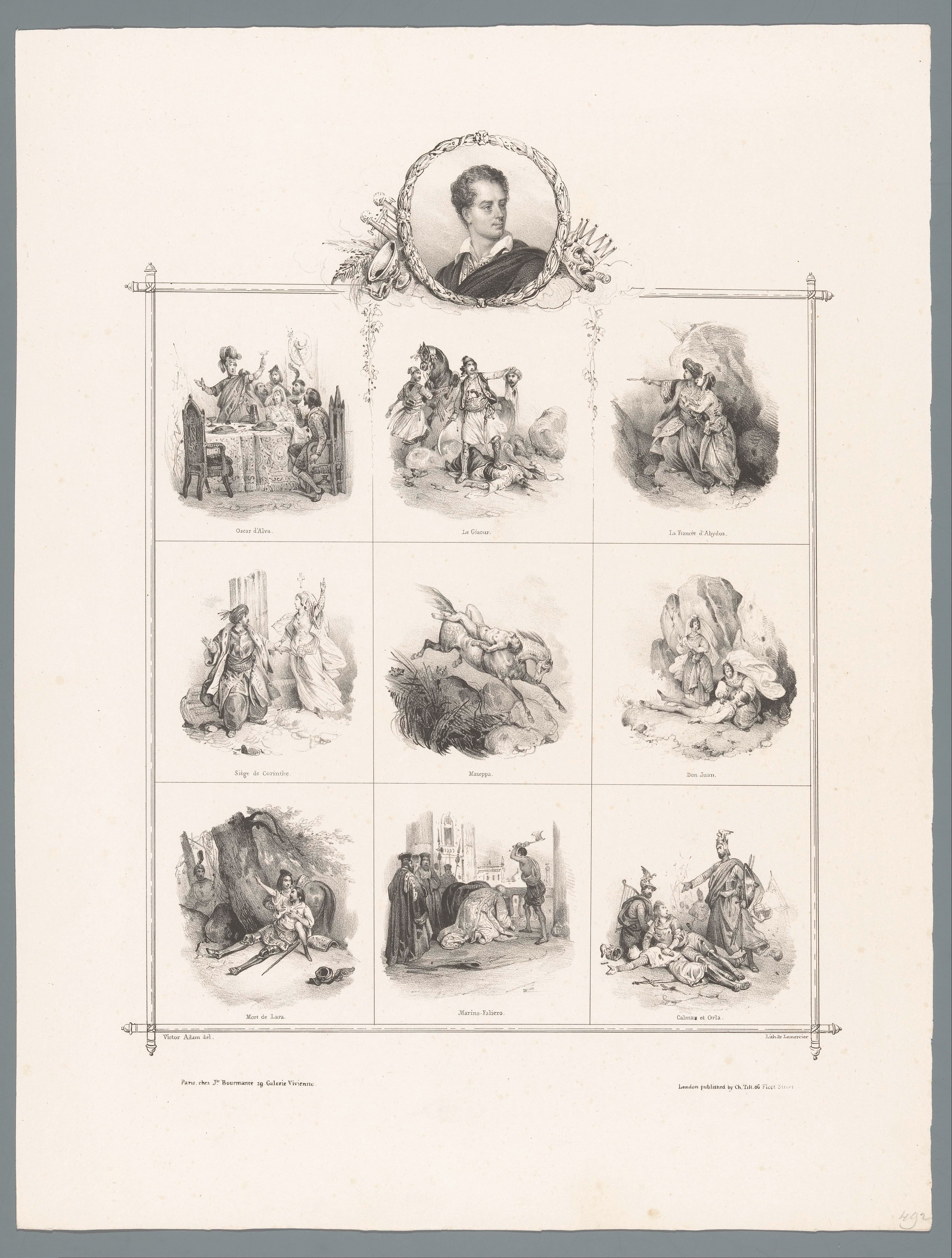 Portret van Lord Byron en negen voorstellingen uit zijn gedichten