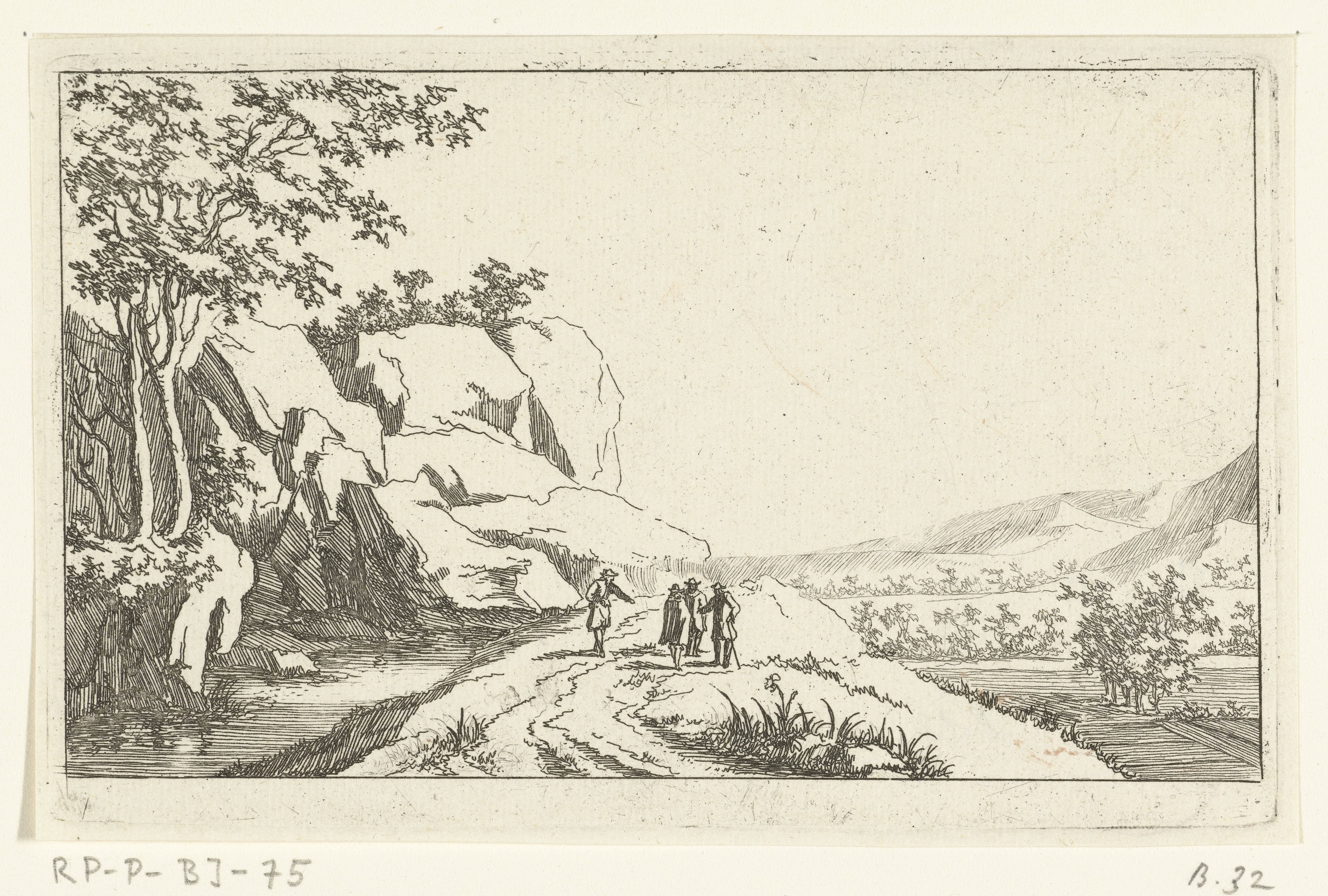 Vier mannen aan de oever van een rivier
